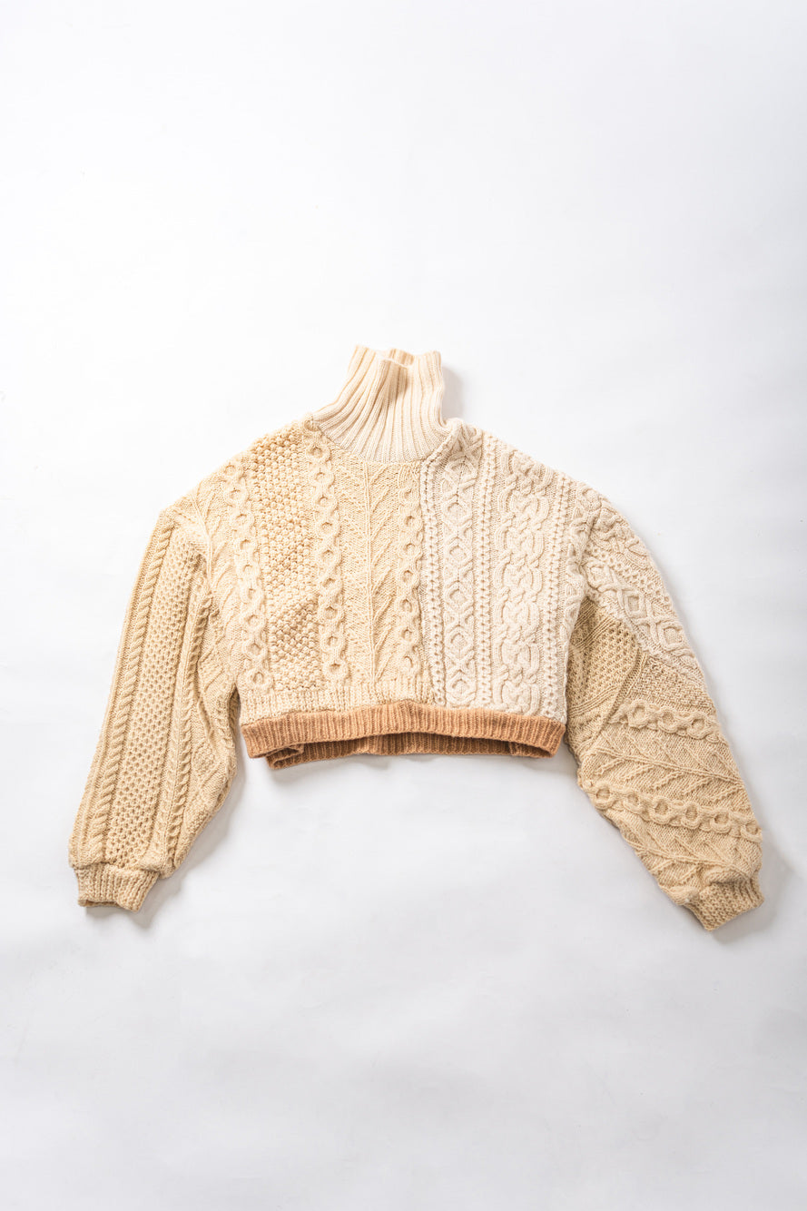 【REMAKEBYK×StyleReborn】Remake Cropped Fisherman Knit Sweater Ecru×Beige Built-up neckline