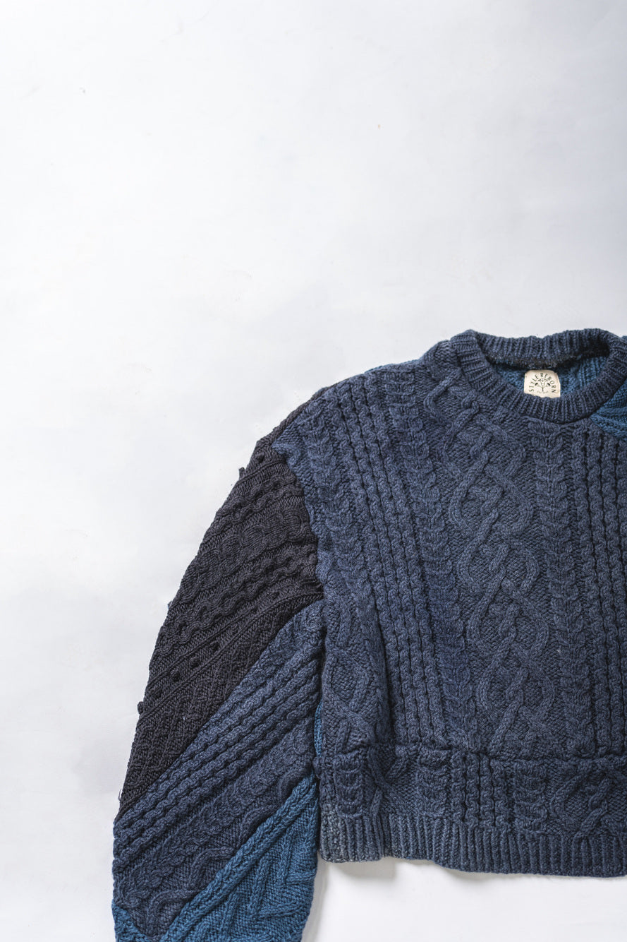 【REMAKEBYK×StyleReborn】Remake Cropped Fisherman Knit Sweater Blue×Black