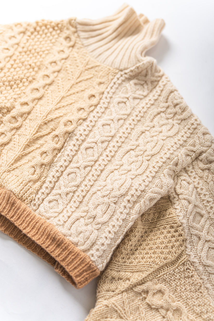 【REMAKEBYK×StyleReborn】Remake Cropped Fisherman Knit Sweater Ecru×Beige Built-up neckline