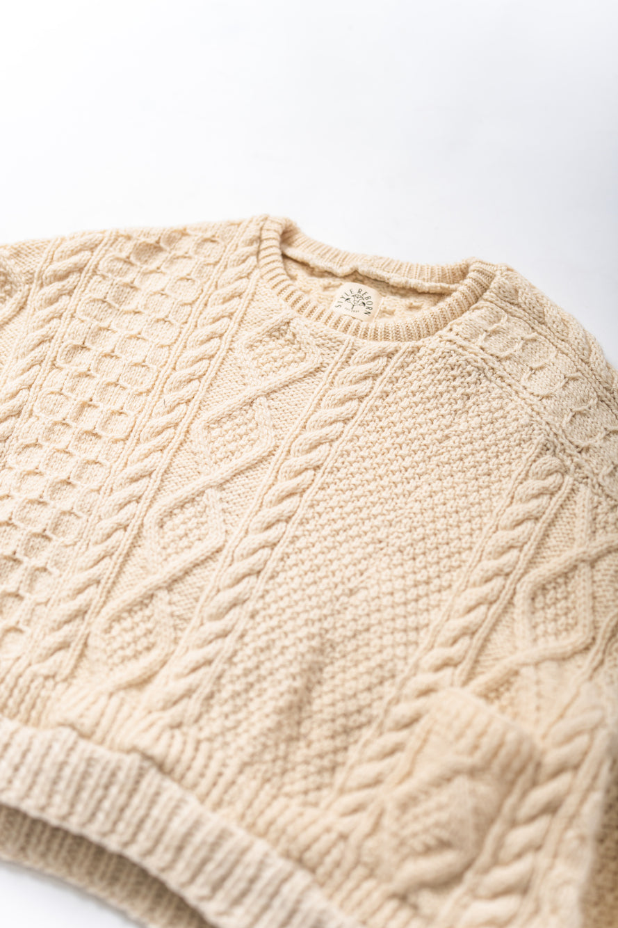 【REMAKEBYK×StyleReborn】Remake Cropped Fisherman Knit Sweater Ecru×Gray Pockets
