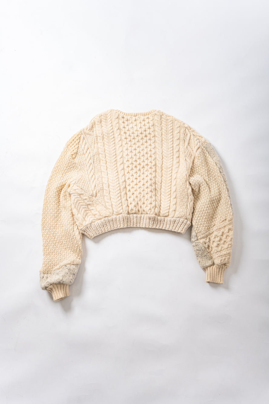 【REMAKEBYK×StyleReborn】Remake Cropped Fisherman Knit Sweater Ecru×Gray Pockets