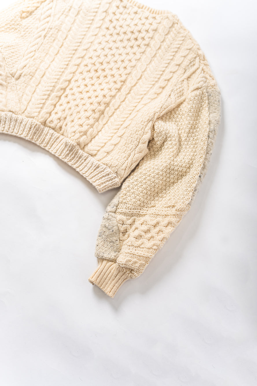 【REMAKEBYK×StyleReborn】Remake Cropped Fisherman Knit Sweater Ecru×Gray Pockets