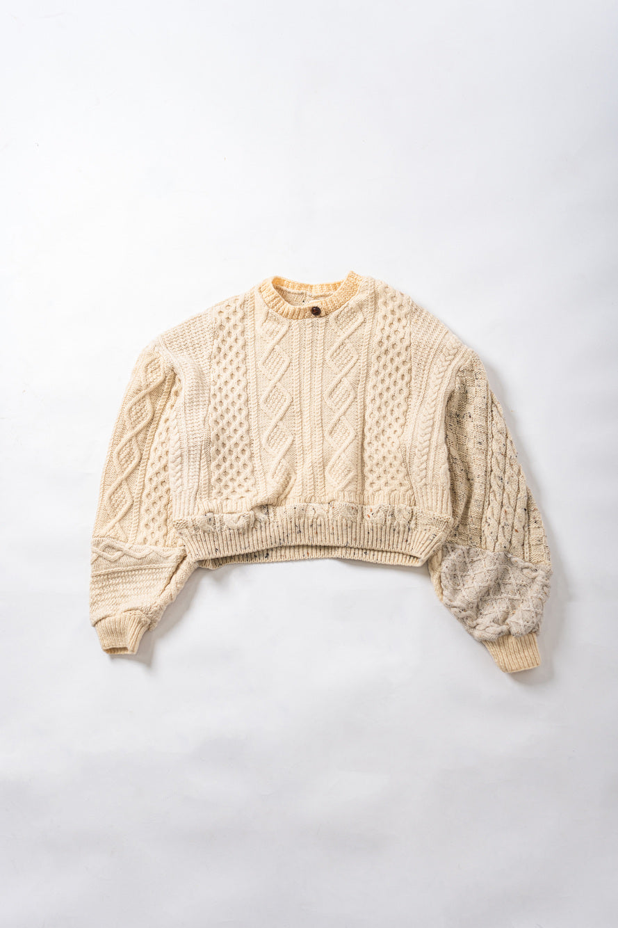 【REMAKEBYK×StyleReborn】Remake Cropped Fisherman Knit Sweater Ecru Kurumi Button