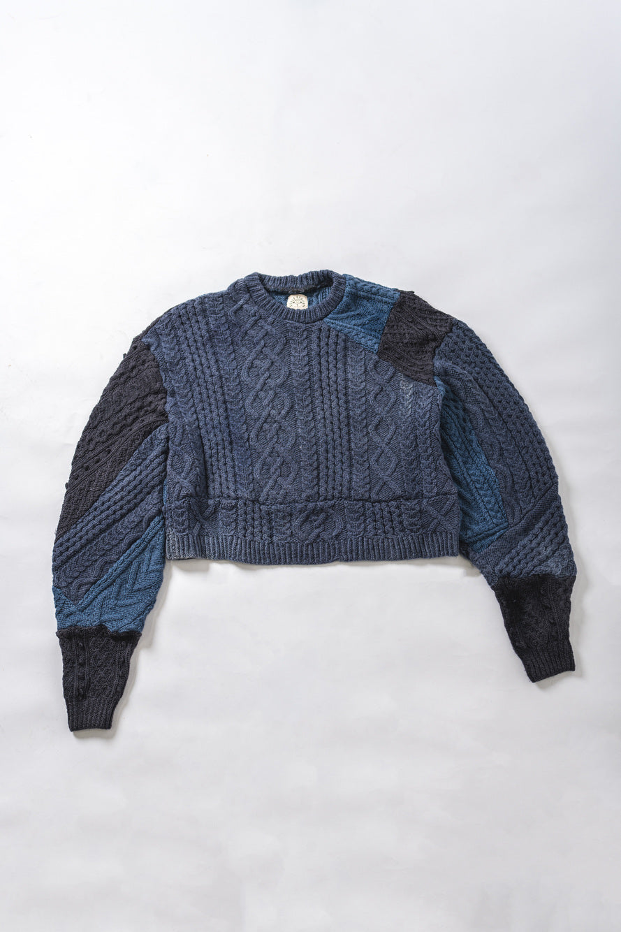 【REMAKEBYK×StyleReborn】Remake Cropped Fisherman Knit Sweater Blue×Black