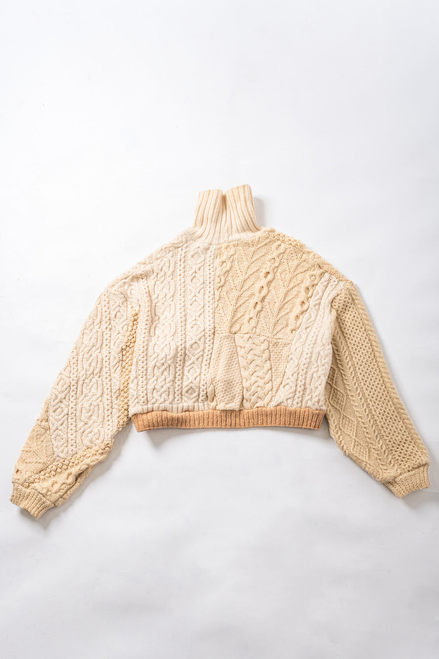 【REMAKEBYK×StyleReborn】Remake Cropped Fisherman Knit Sweater Ecru×Beige Built-up neckline