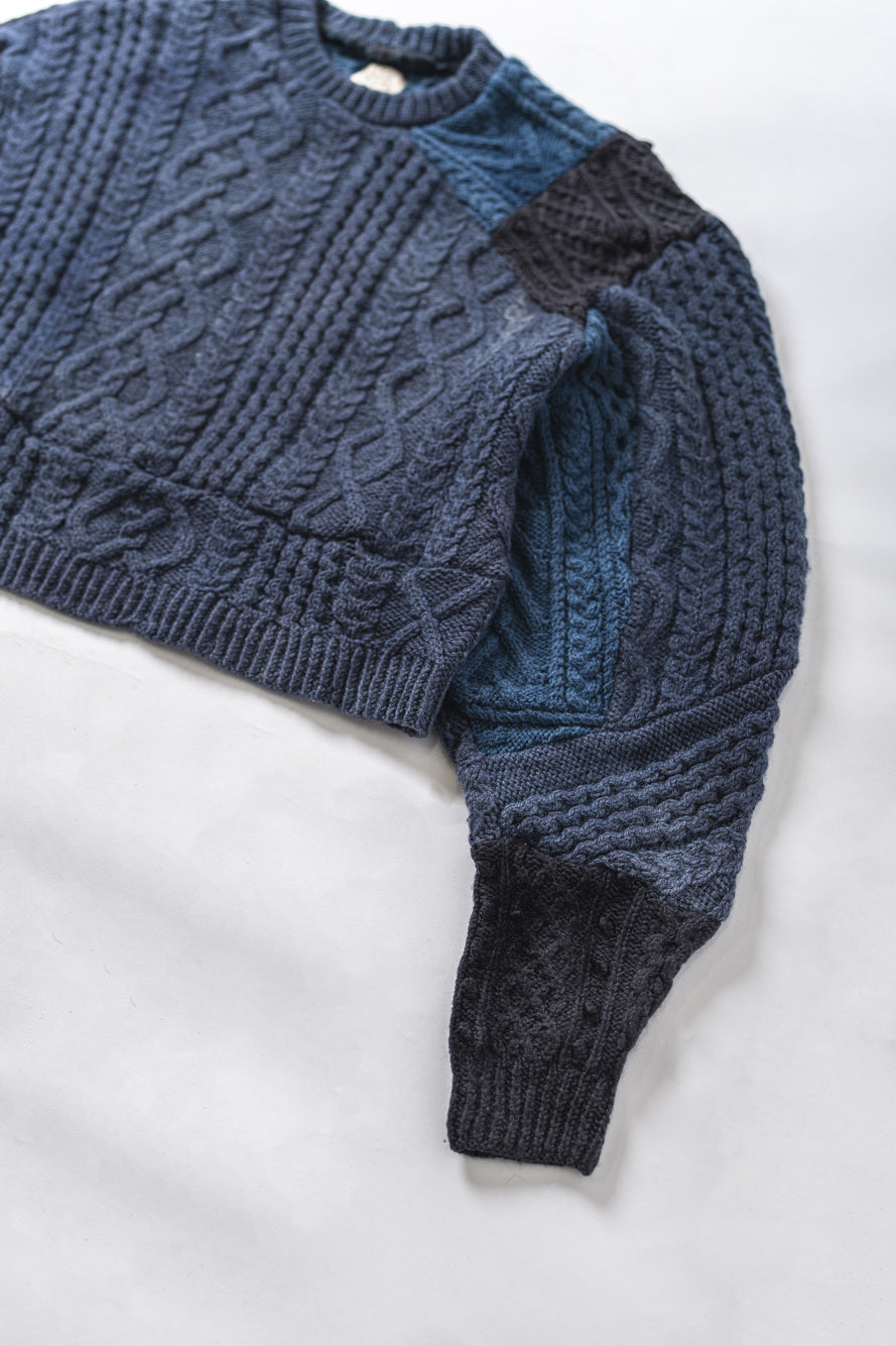 【REMAKEBYK×StyleReborn】Remake Cropped Fisherman Knit Sweater Blue×Black