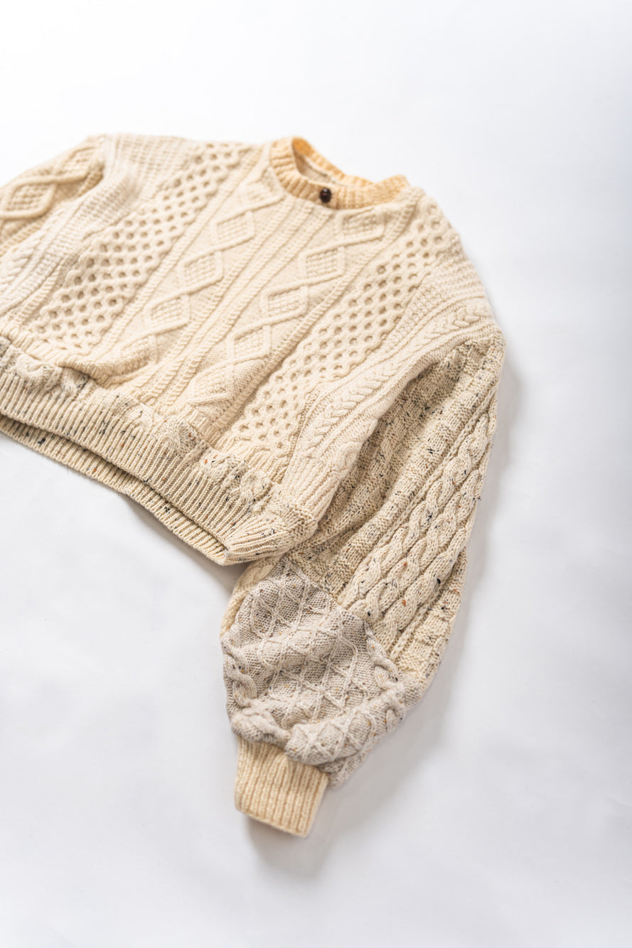【REMAKEBYK×StyleReborn】Remake Cropped Fisherman Knit Sweater Ecru Kurumi Button