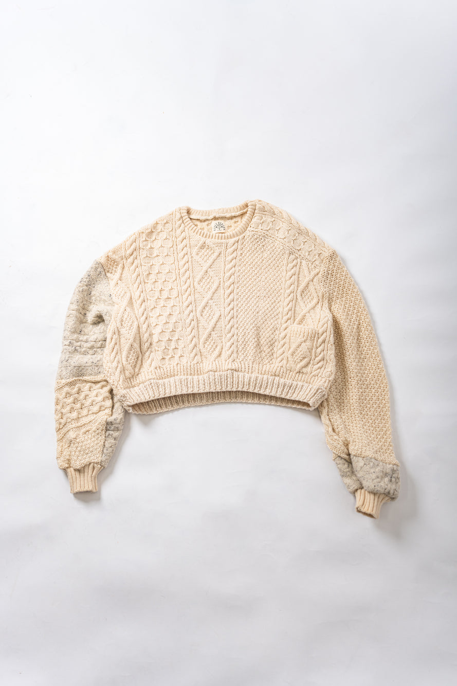 【REMAKEBYK×StyleReborn】Remake Cropped Fisherman Knit Sweater Ecru×Gray Pockets