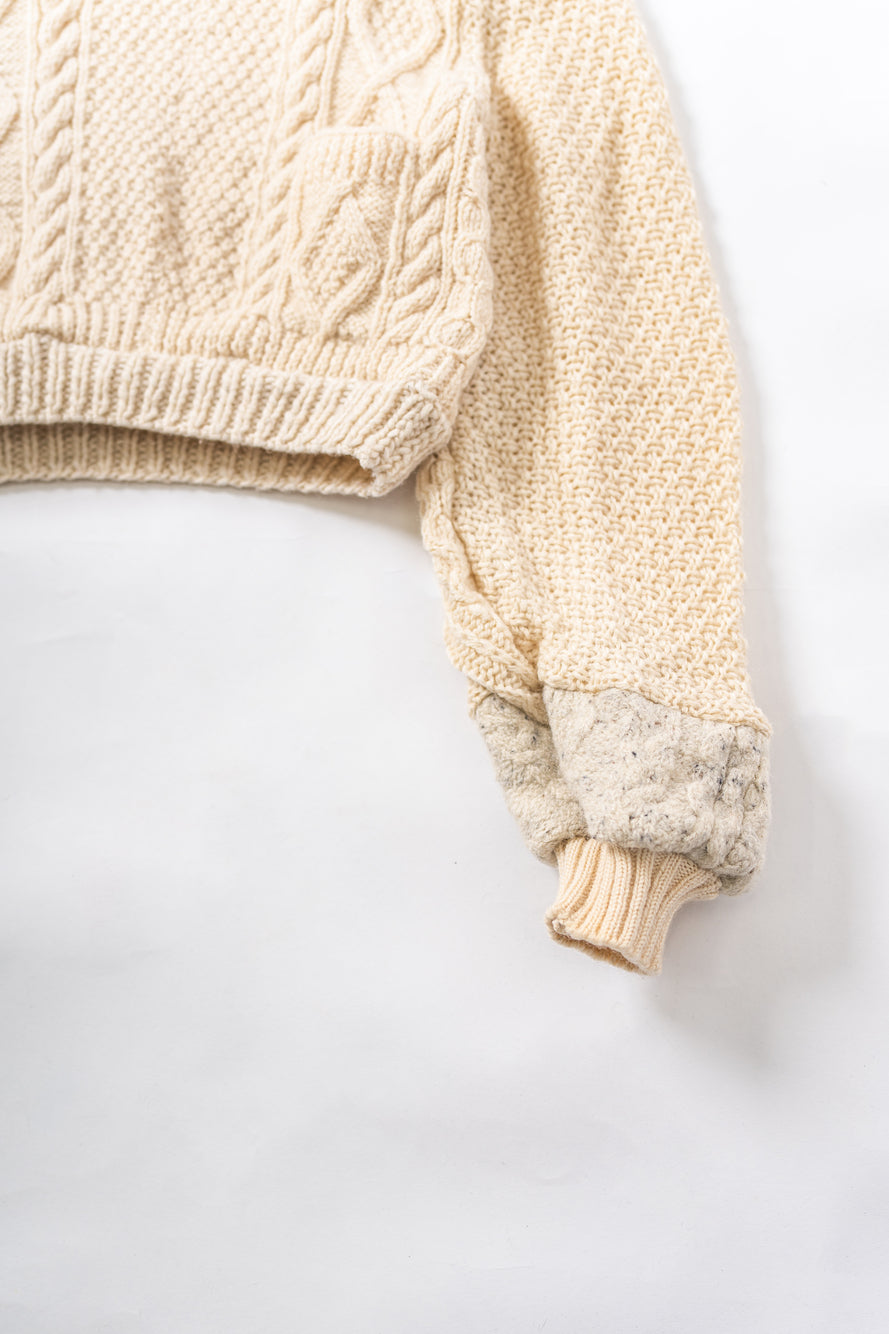 【REMAKEBYK×StyleReborn】Remake Cropped Fisherman Knit Sweater Ecru×Gray Pockets