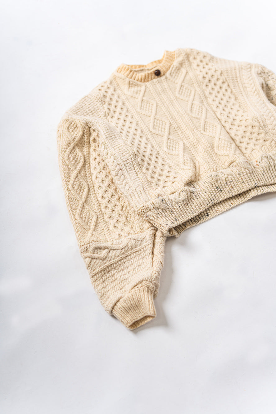 【REMAKEBYK×StyleReborn】Remake Cropped Fisherman Knit Sweater Ecru Kurumi Button