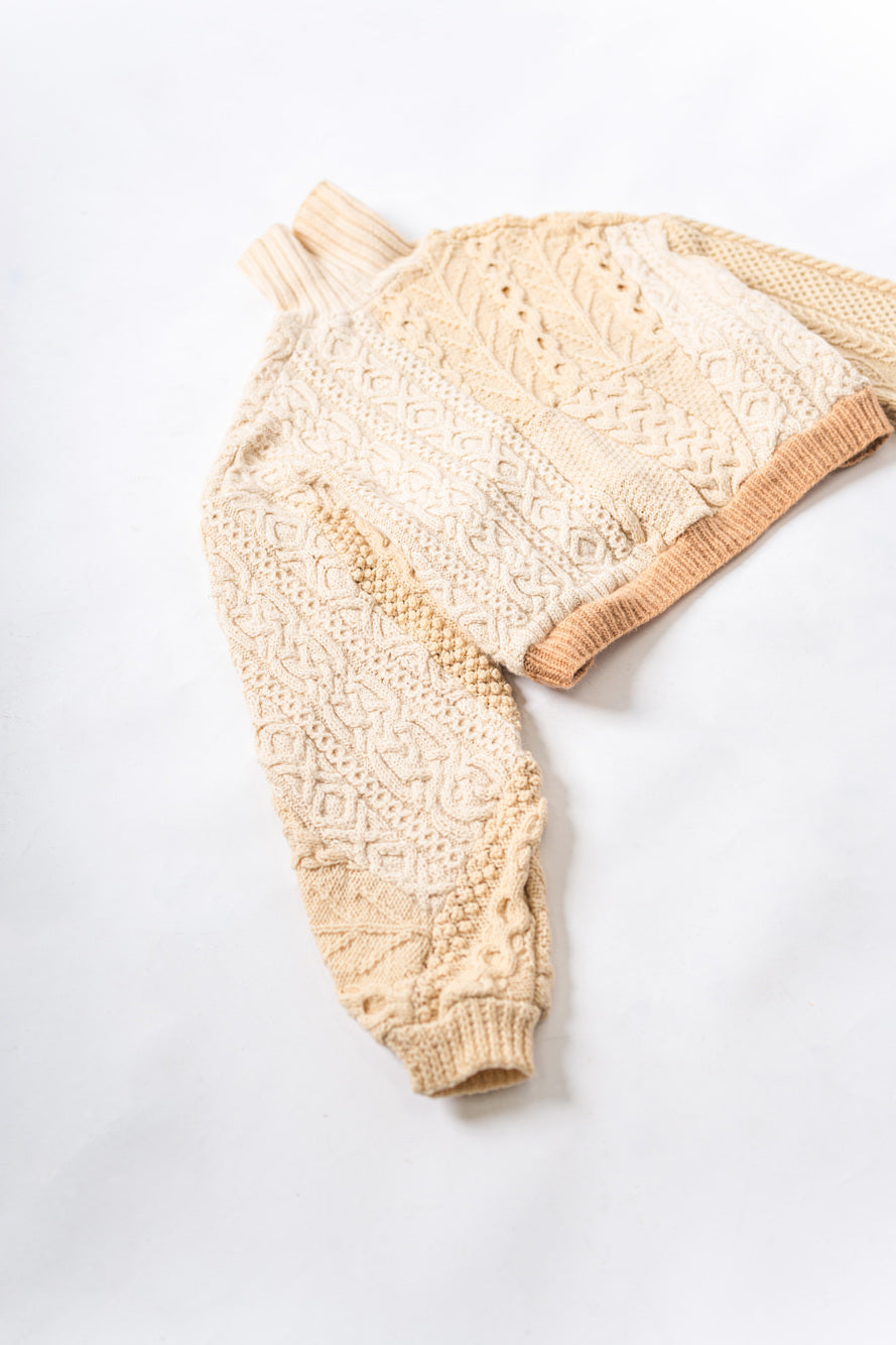 【REMAKEBYK×StyleReborn】Remake Cropped Fisherman Knit Sweater Ecru×Beige Built-up neckline