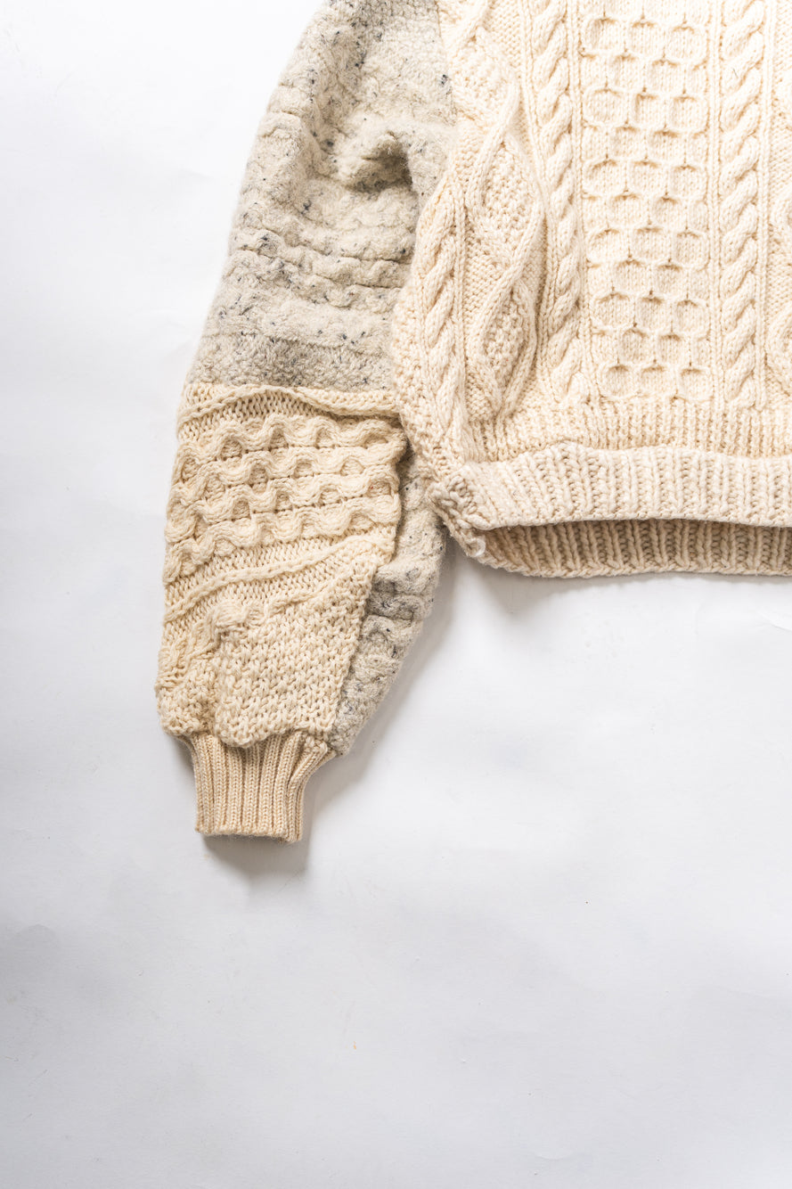 【REMAKEBYK×StyleReborn】Remake Cropped Fisherman Knit Sweater Ecru×Gray Pockets