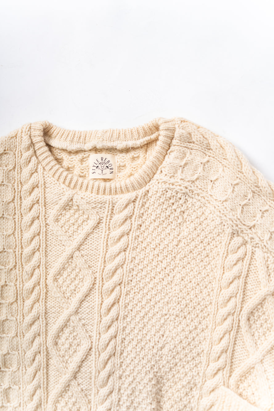 【REMAKEBYK×StyleReborn】Remake Cropped Fisherman Knit Sweater Ecru×Gray Pockets