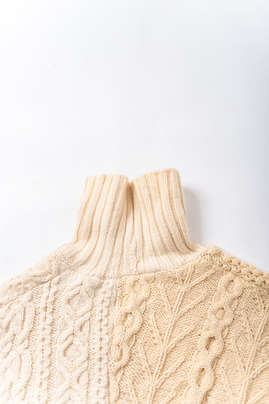 【REMAKEBYK×StyleReborn】Remake Cropped Fisherman Knit Sweater Ecru×Beige Built-up neckline