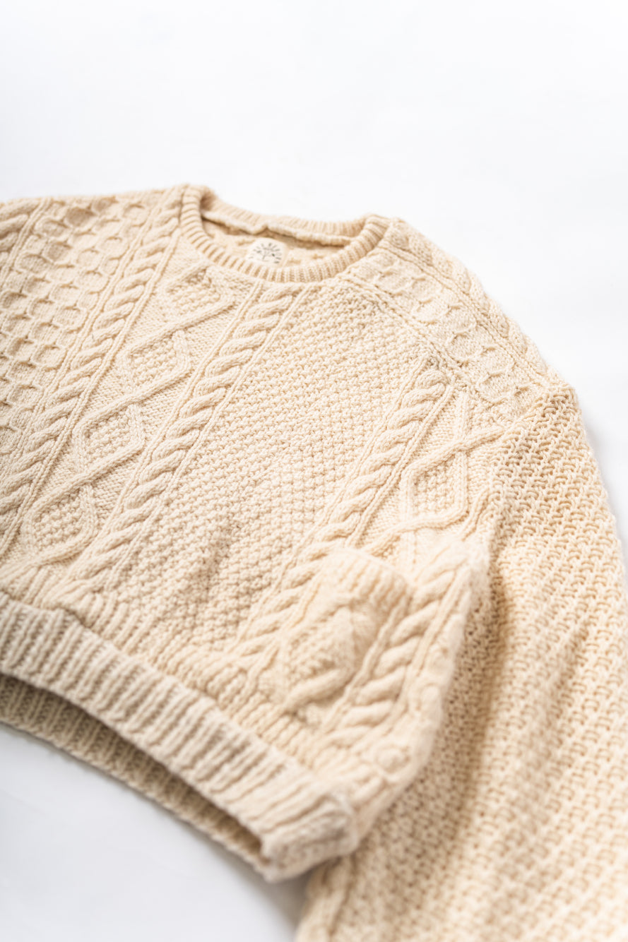 【REMAKEBYK×StyleReborn】Remake Cropped Fisherman Knit Sweater Ecru×Gray Pockets