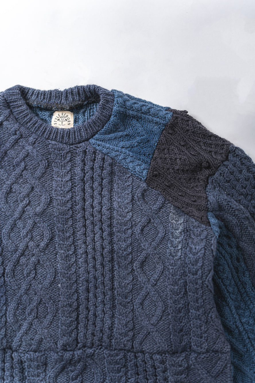 【REMAKEBYK×StyleReborn】Remake Cropped Fisherman Knit Sweater Blue×Black