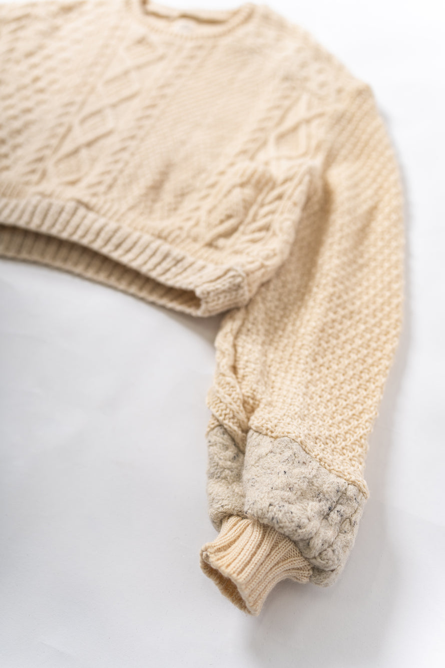 【REMAKEBYK×StyleReborn】Remake Cropped Fisherman Knit Sweater Ecru×Gray Pockets