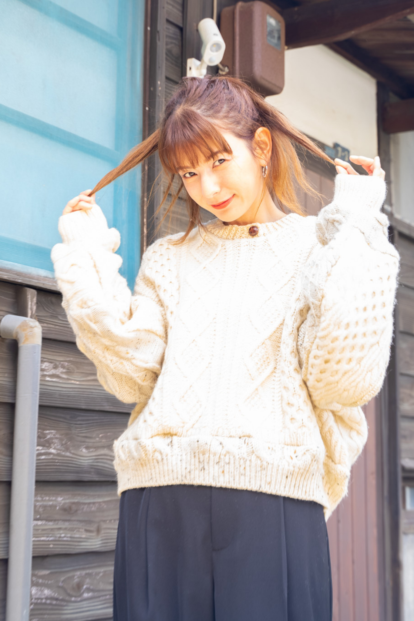 【REMAKEBYK×StyleReborn】Remake Cropped Fisherman Knit Sweater Ecru Kurumi Button