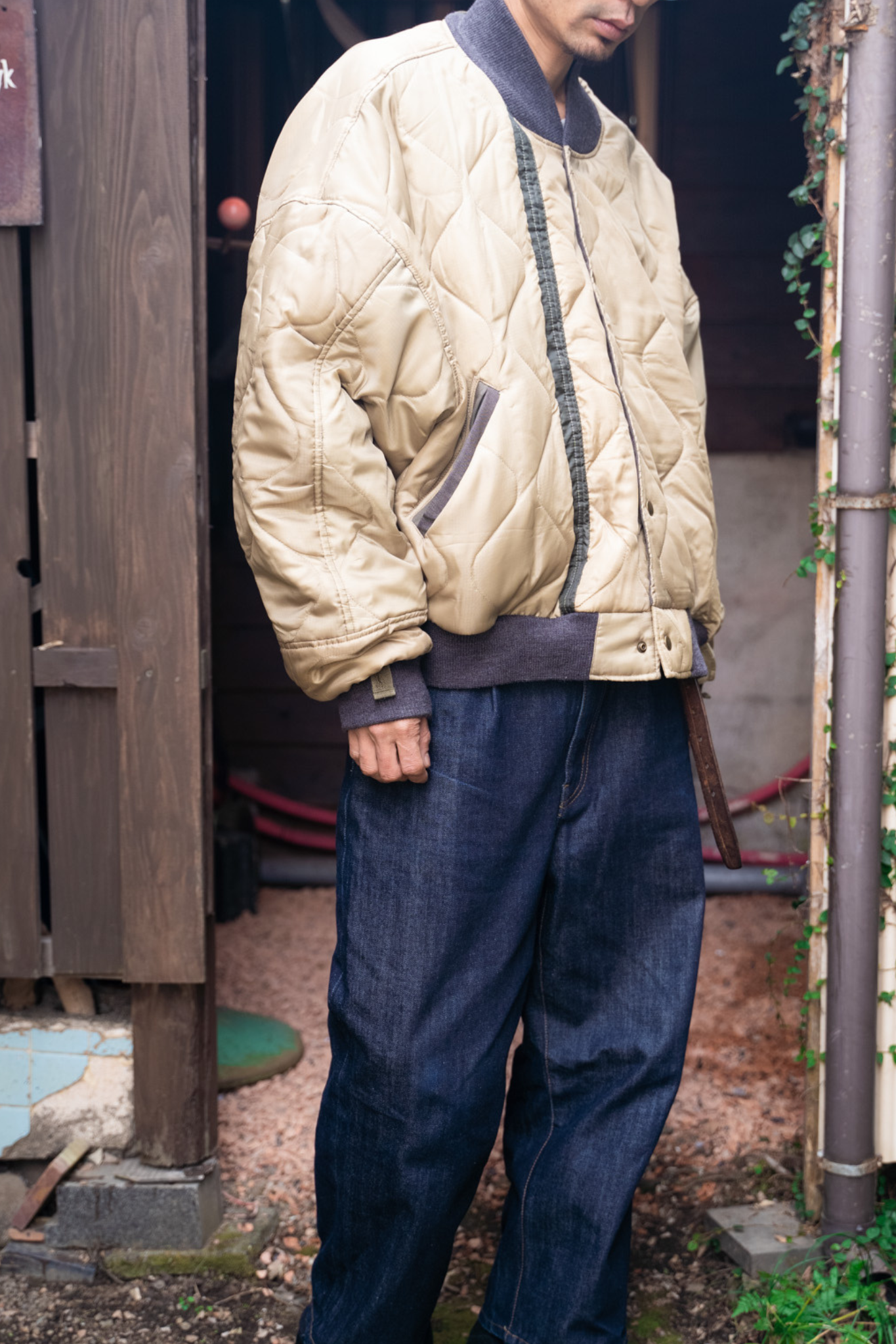 【REMAKEBYK×StyleReborn】Remake Quilting Stadium Jumper Khaki