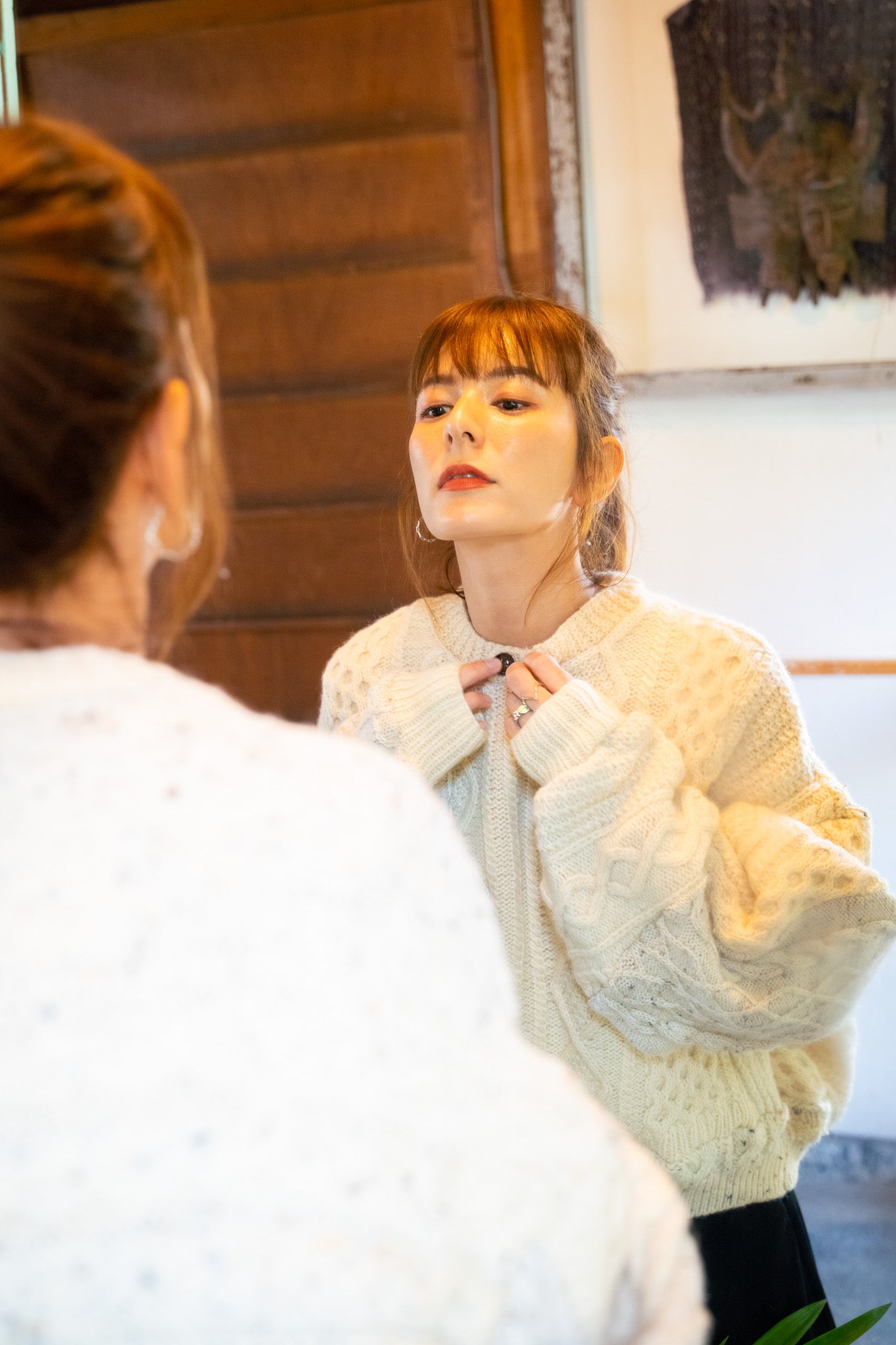 【REMAKEBYK×StyleReborn】Remake Cropped Fisherman Knit Sweater Ecru Kurumi Button