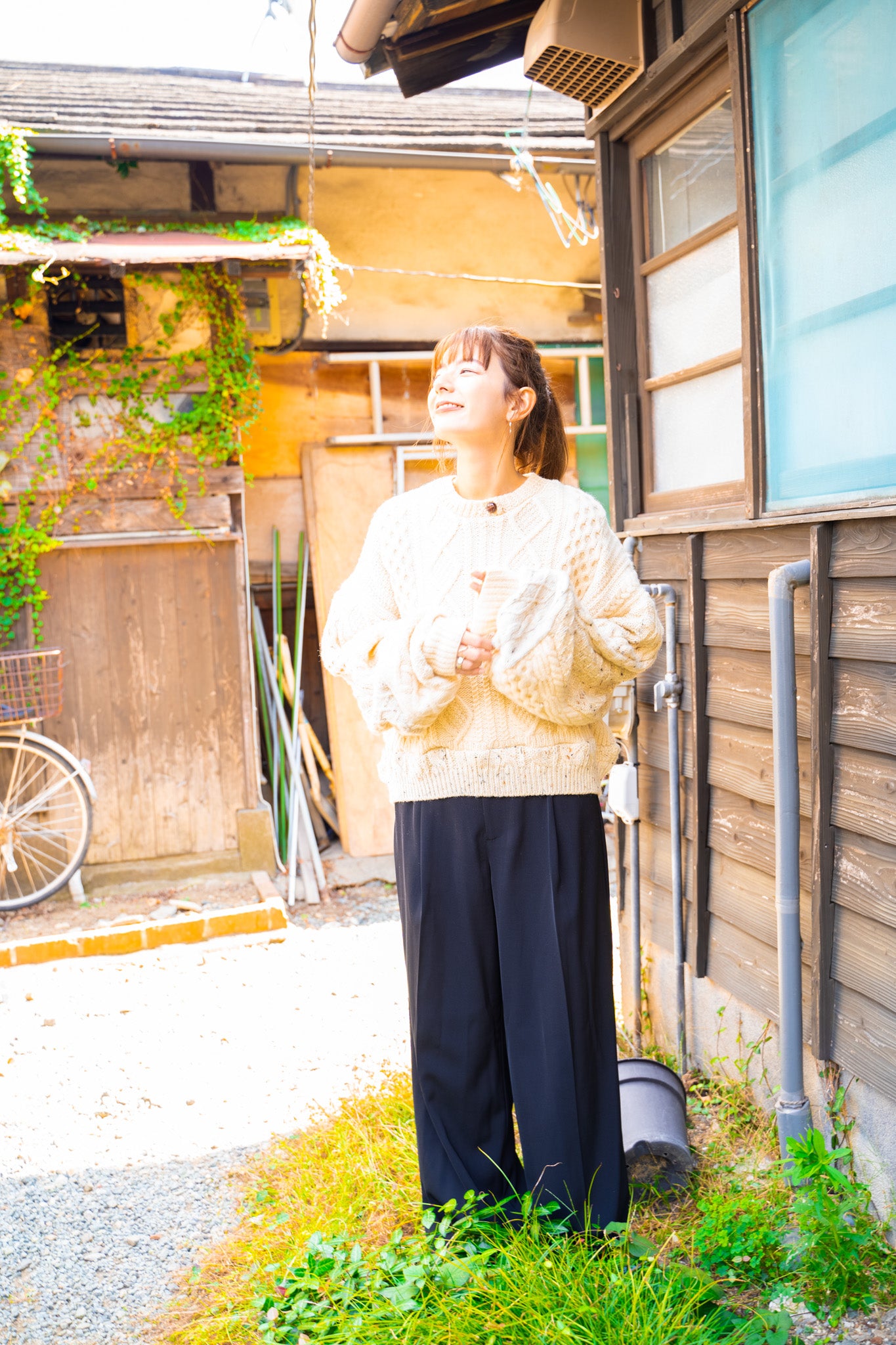 【REMAKEBYK×StyleReborn】Remake Cropped Fisherman Knit Sweater Ecru Kurumi Button