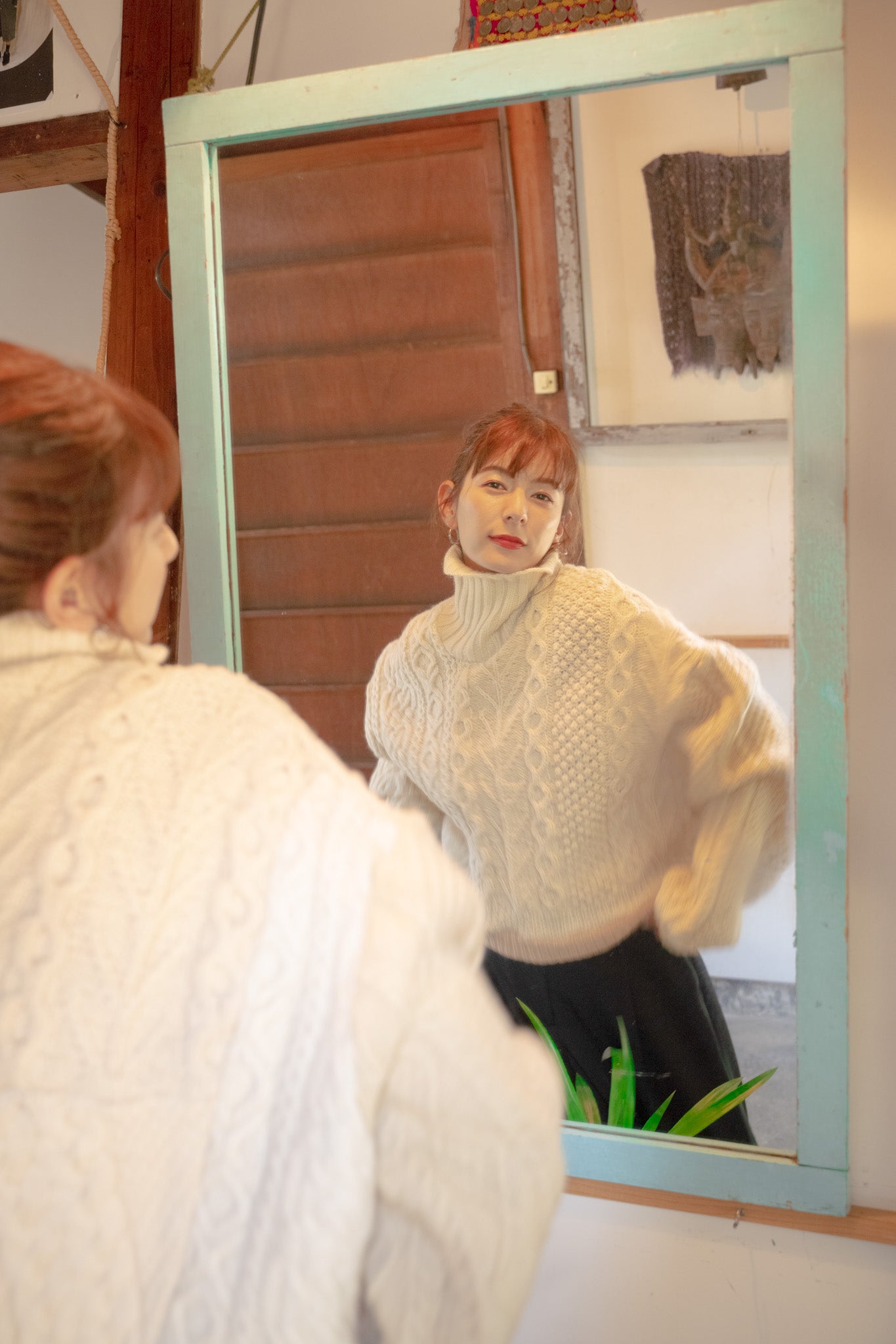 【REMAKEBYK×StyleReborn】Remake Cropped Fisherman Knit Sweater Ecru×Beige Built-up neckline