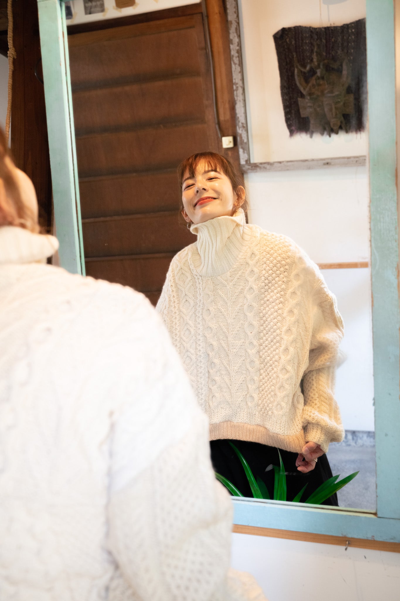 【REMAKEBYK×StyleReborn】Remake Cropped Fisherman Knit Sweater Ecru×Beige Built-up neckline