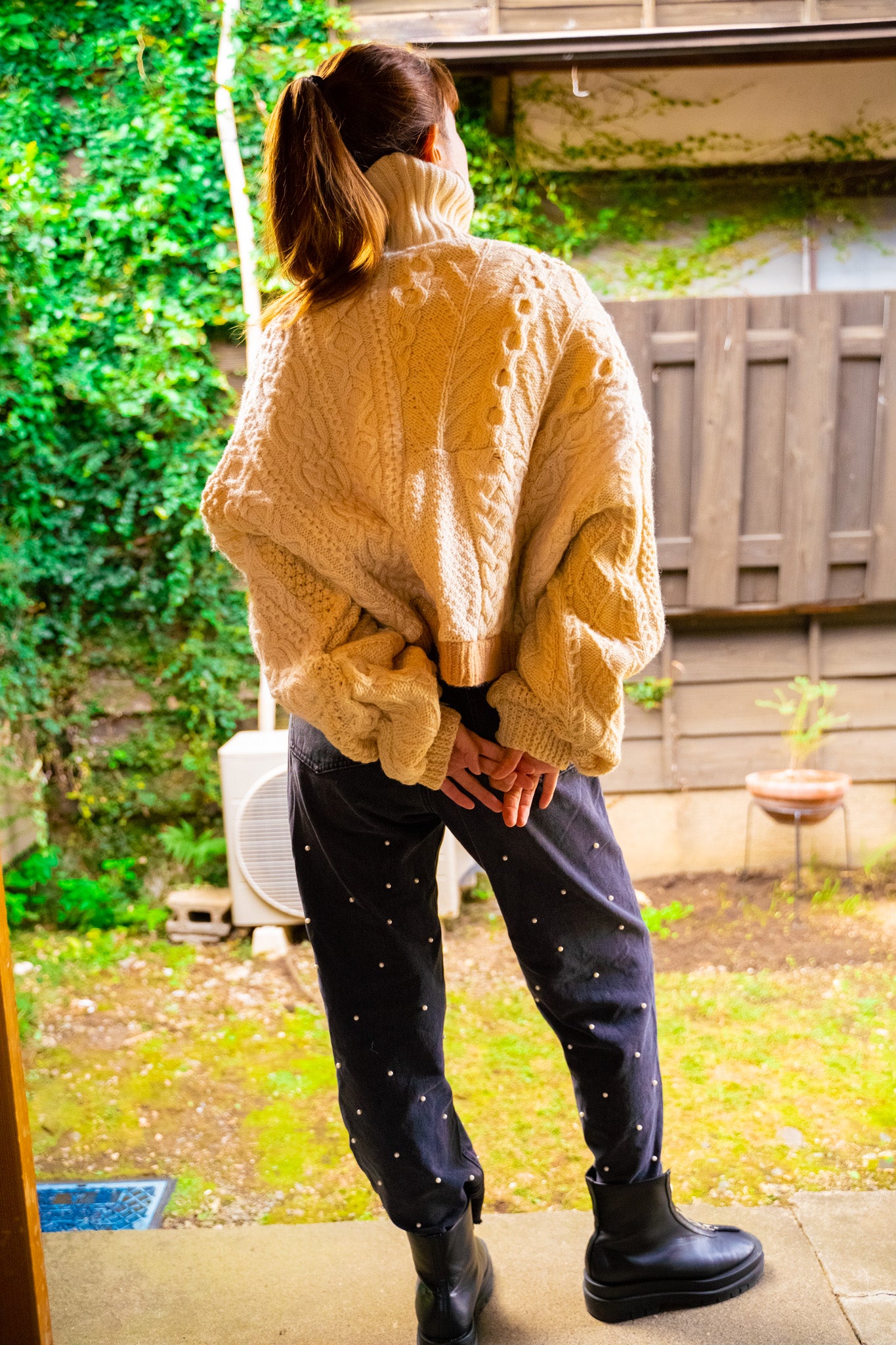 【REMAKEBYK×StyleReborn】Remake Cropped Fisherman Knit Sweater Ecru×Beige Built-up neckline