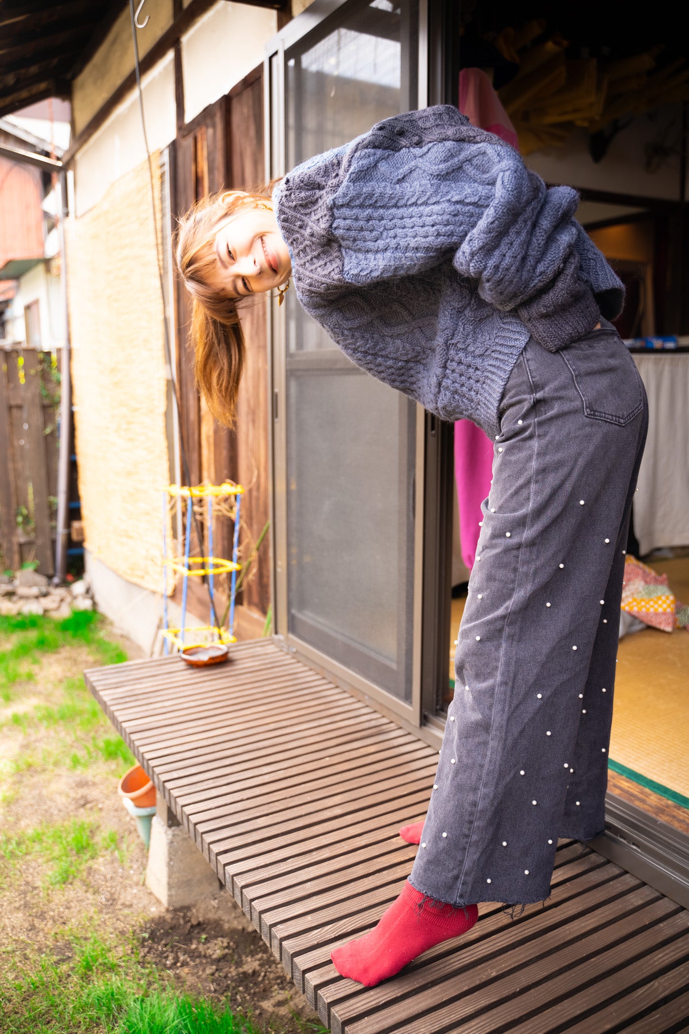 【REMAKEBYK×StyleReborn】Remake Cropped Fisherman Knit Sweater Blue×Black