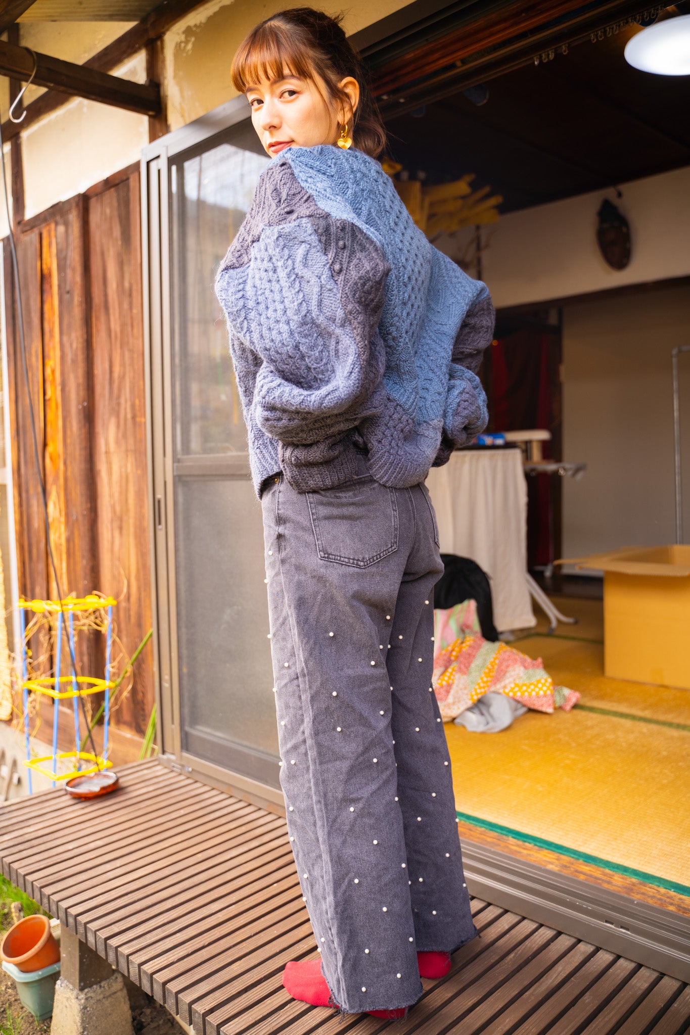 【REMAKEBYK×StyleReborn】Remake Cropped Fisherman Knit Sweater Blue×Black