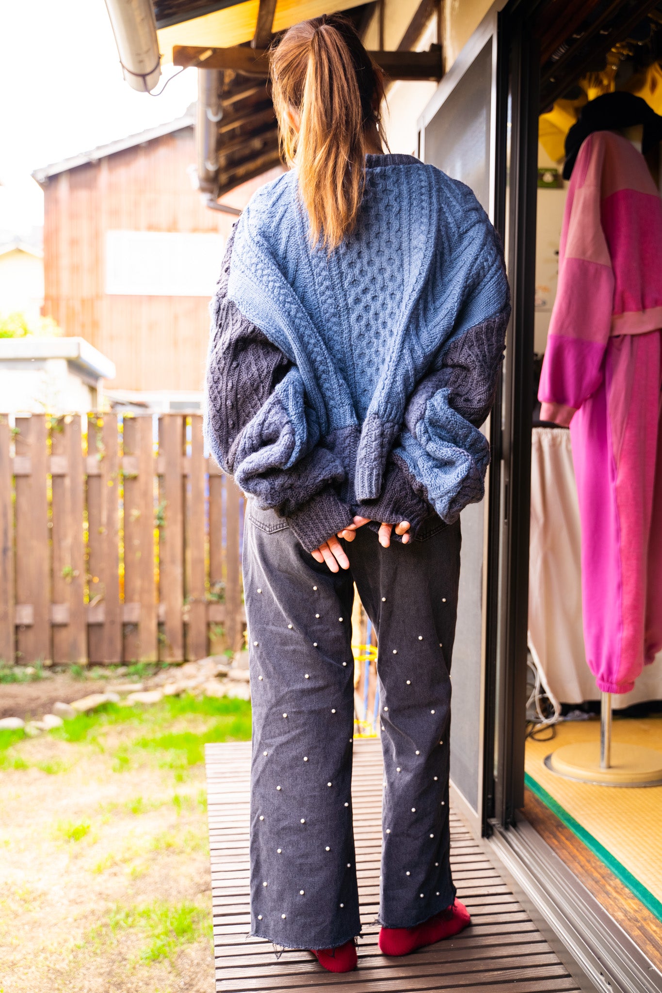 【REMAKEBYK×StyleReborn】Remake Cropped Fisherman Knit Sweater Blue×Black