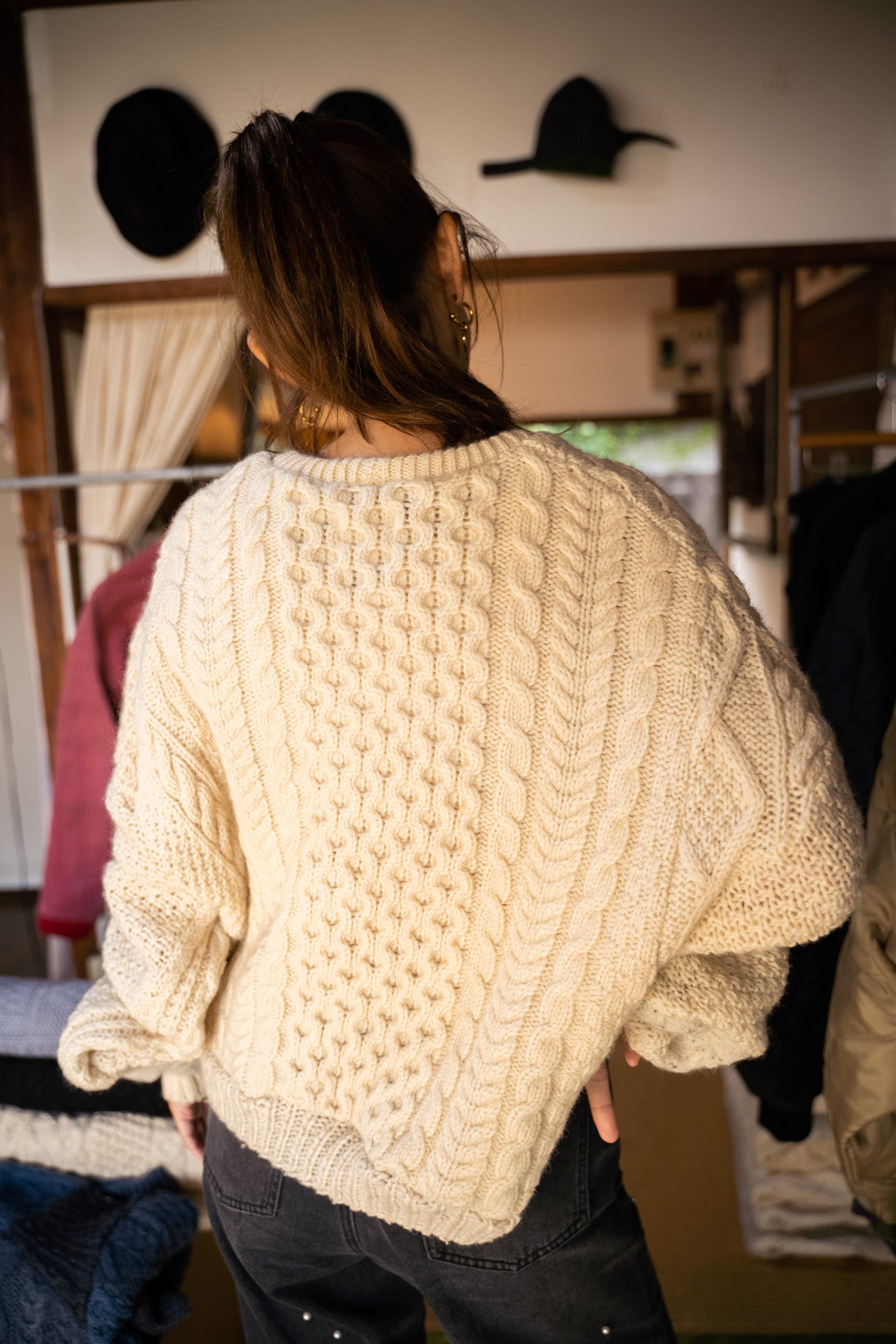 【REMAKEBYK×StyleReborn】Remake Cropped Fisherman Knit Sweater Ecru×Gray Pockets