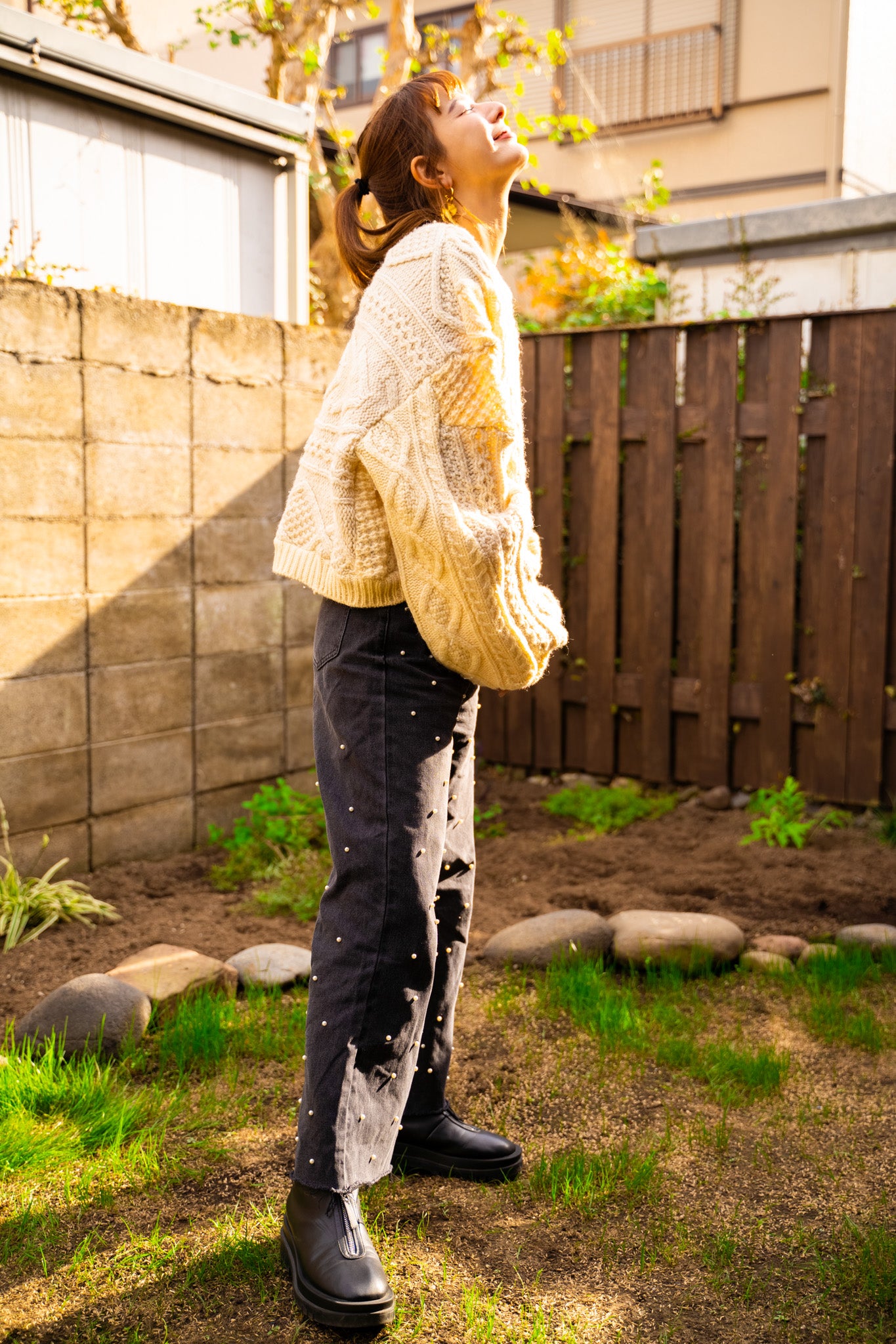 【REMAKEBYK×StyleReborn】Remake Cropped Fisherman knit Sweater Ecru×Beige