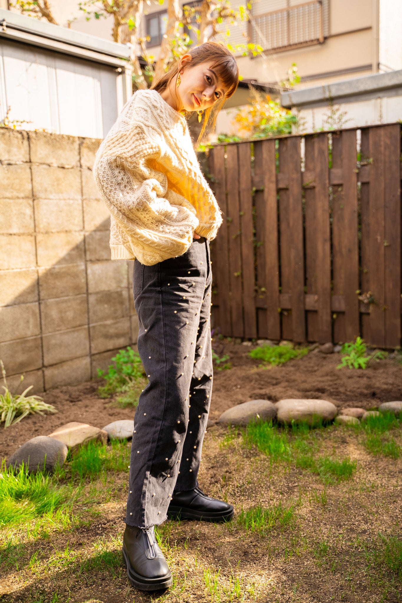 【REMAKEBYK×StyleReborn】Remake Cropped Fisherman knit Sweater Ecru×Beige