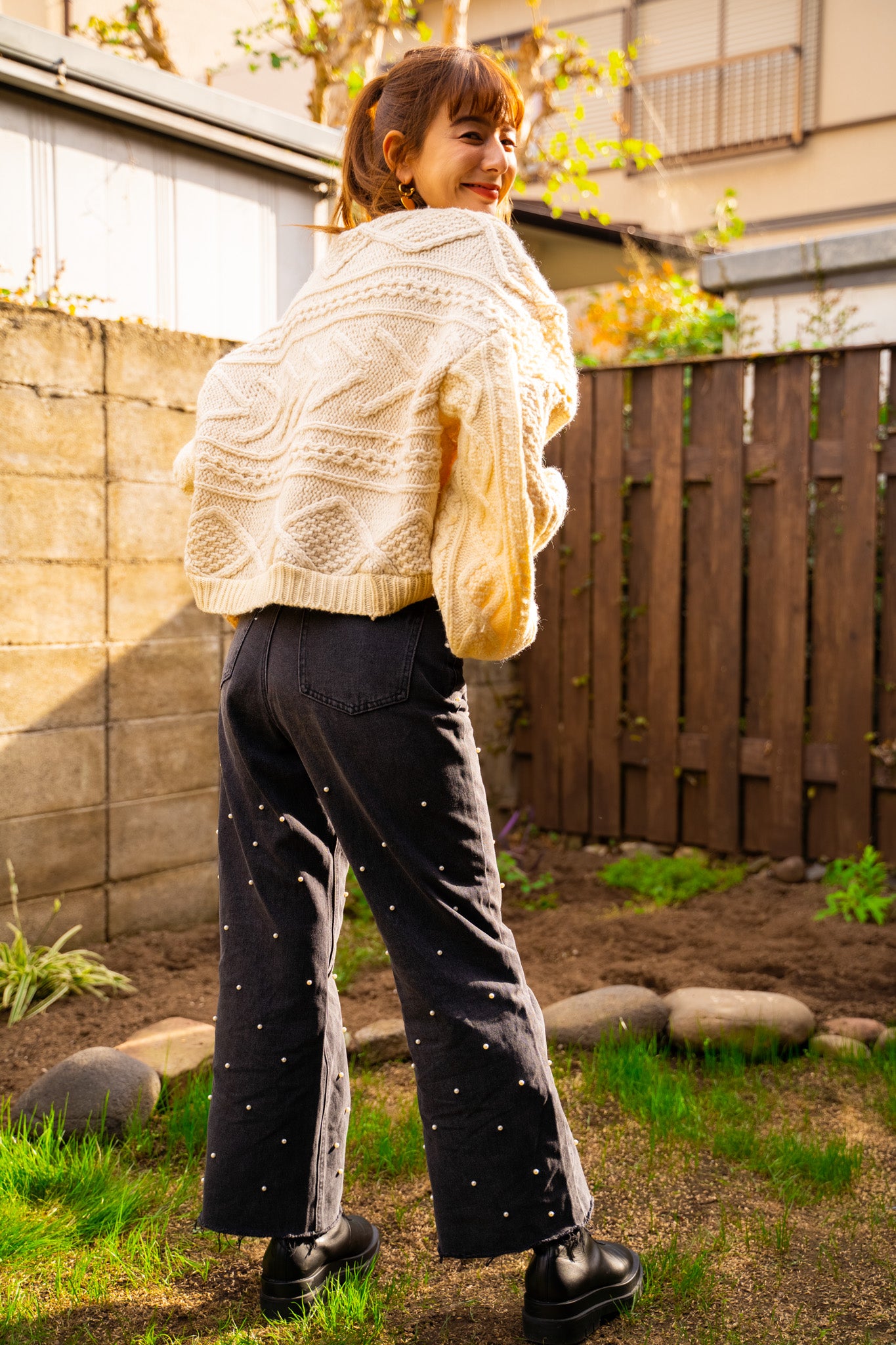【REMAKEBYK×StyleReborn】Remake Cropped Fisherman knit Sweater Ecru×Beige