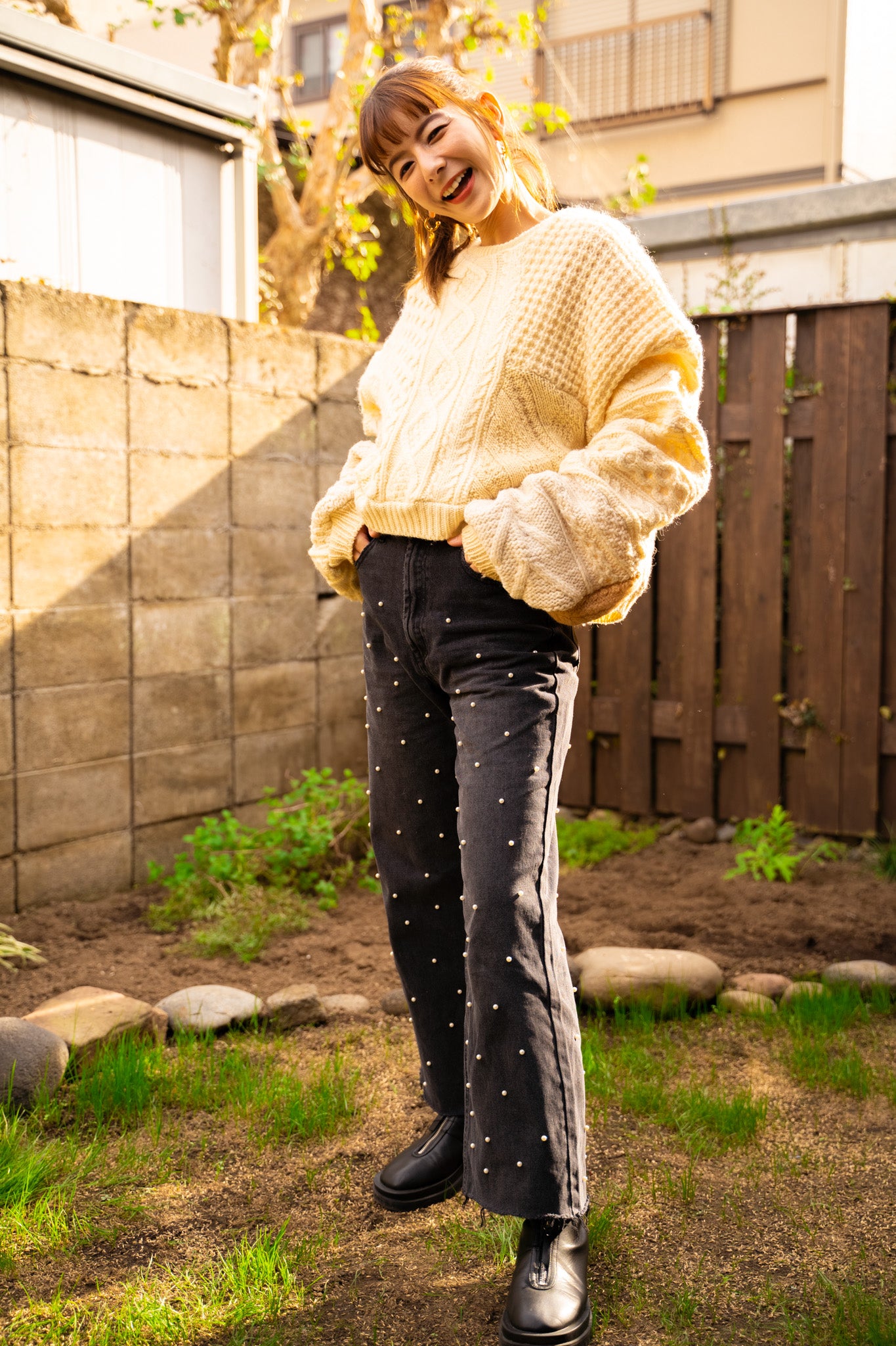 【REMAKEBYK×StyleReborn】Remake Cropped Fisherman knit Sweater Ecru×Beige