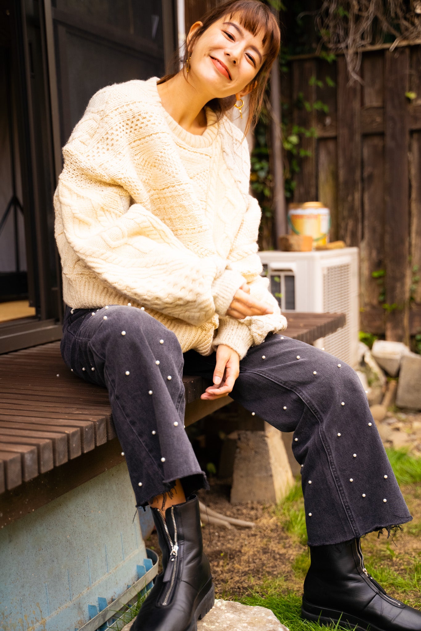 【REMAKEBYK×StyleReborn】Remake Cropped Fisherman Knit Sweater Ecru×Gray Pocket