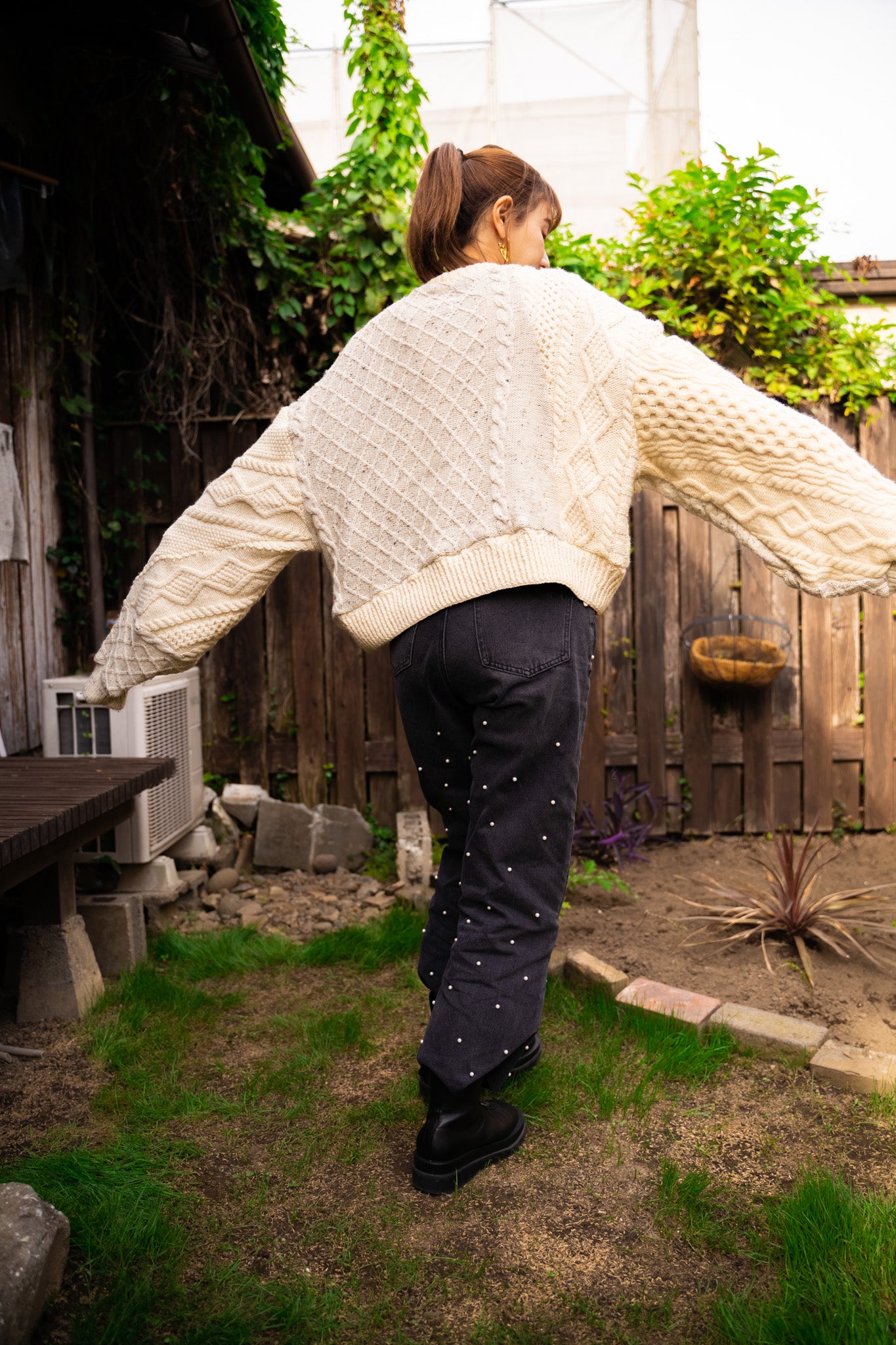 【REMAKEBYK×StyleReborn】Remake Cropped Fisherman Knit Sweater Ecru×Gray Pocket
