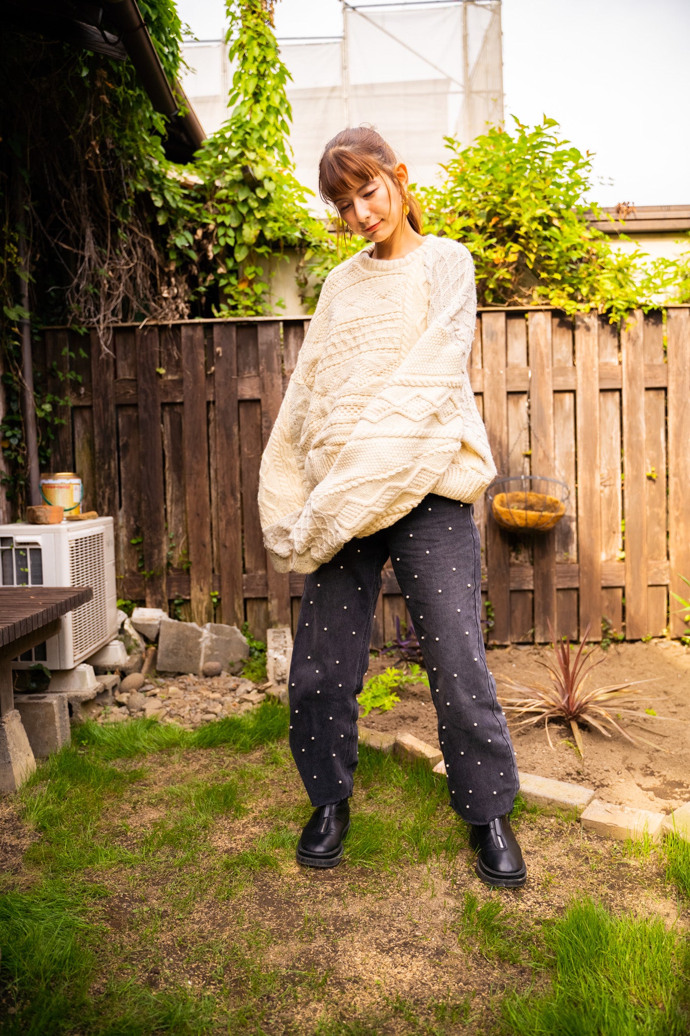 【REMAKEBYK×StyleReborn】Remake Cropped Fisherman Knit Sweater Ecru×Gray Pocket