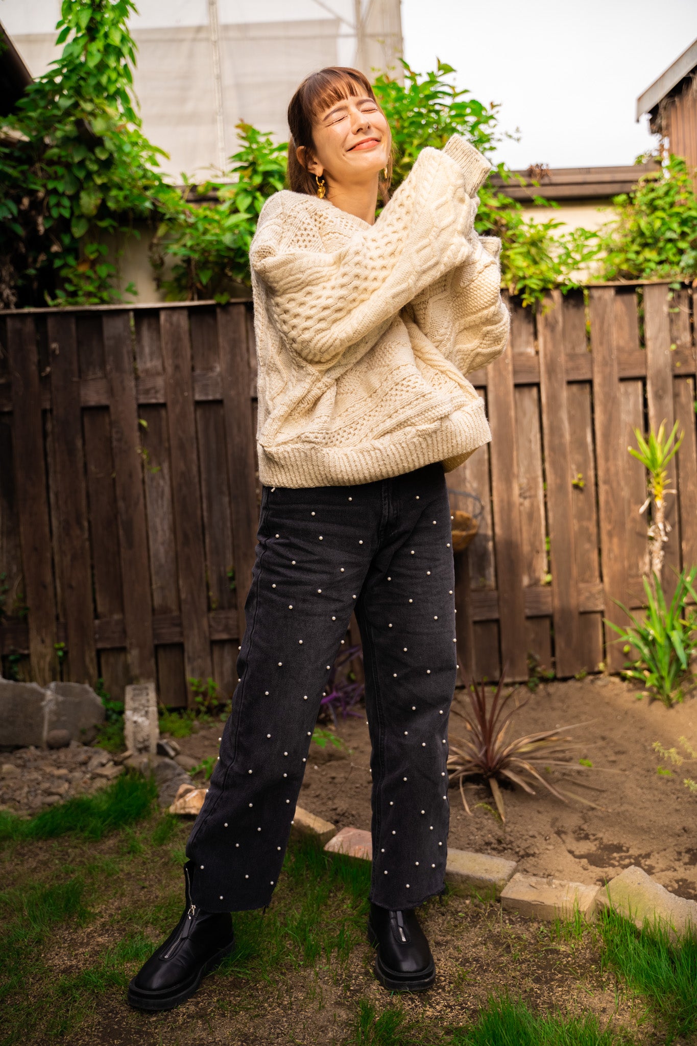 【REMAKEBYK×StyleReborn】Remake Cropped Fisherman Knit Sweater Ecru×Gray Pocket