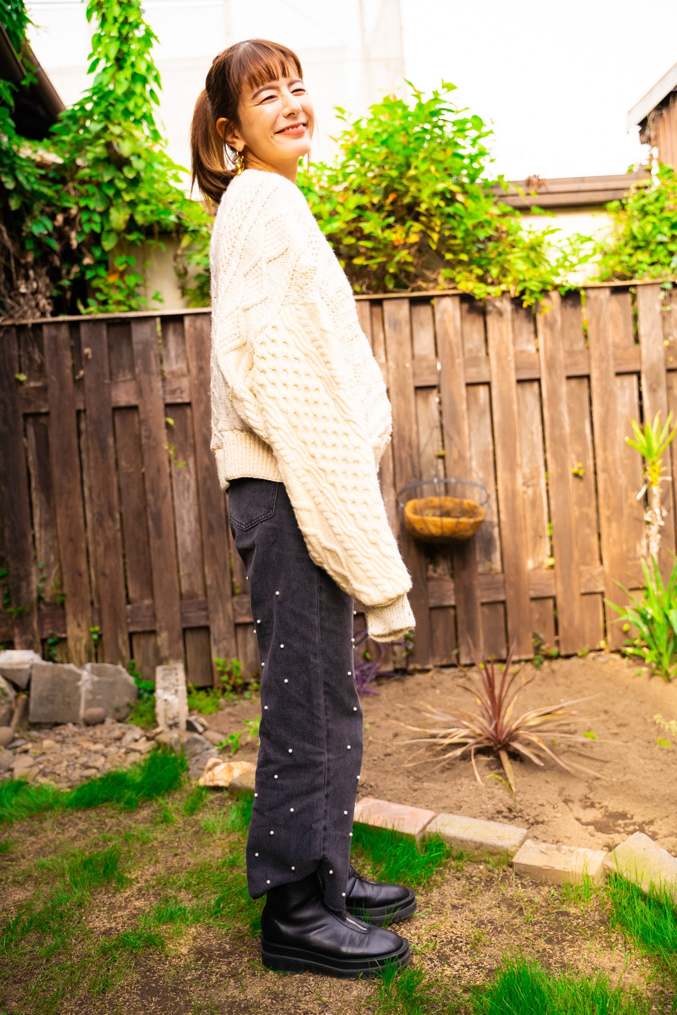 【REMAKEBYK×StyleReborn】Remake Cropped Fisherman Knit Sweater Ecru×Gray Pocket