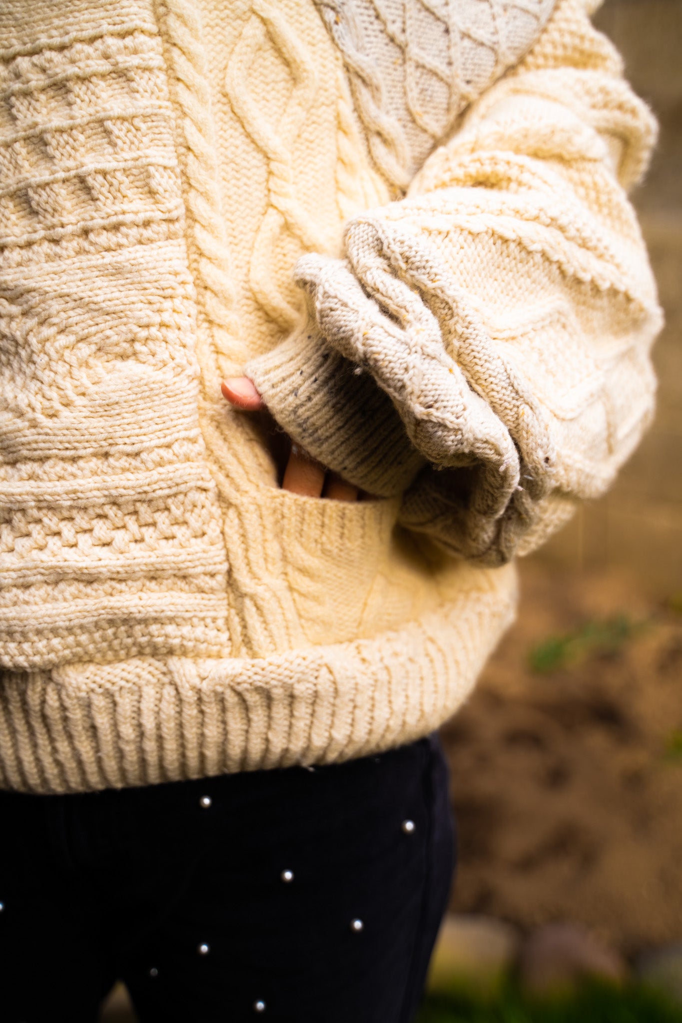 【REMAKEBYK×StyleReborn】Remake Cropped Fisherman Knit Sweater Ecru×Gray Pocket