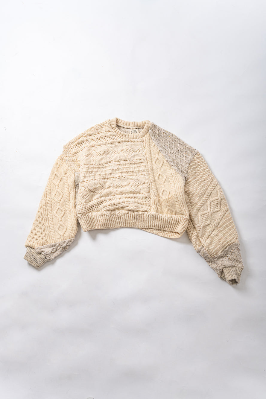 【REMAKEBYK×StyleReborn】Remake Cropped Fisherman Knit Sweater Ecru×Gray Pocket