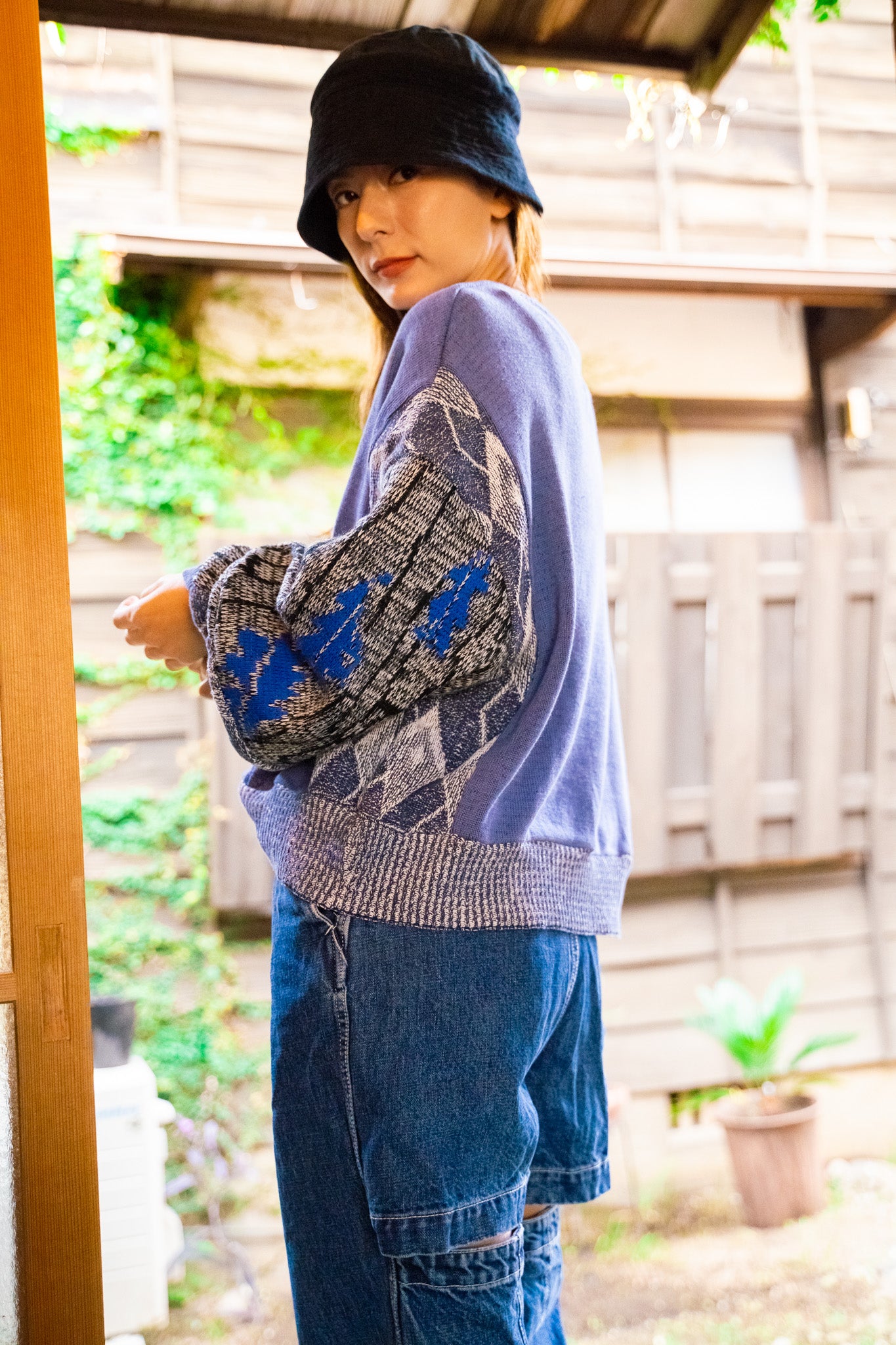 【REMAKEBYK×StyleReborn】Remake Cropped Knit Sweater Blue