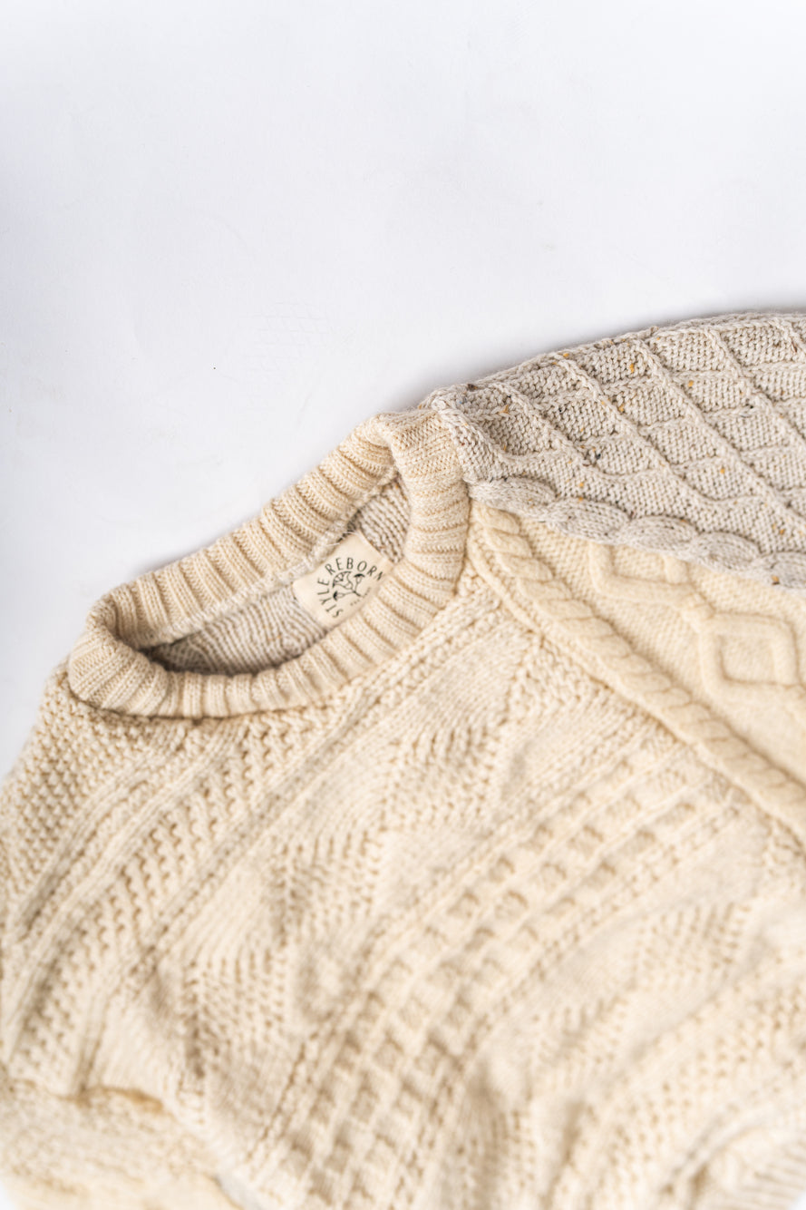 【REMAKEBYK×StyleReborn】Remake Cropped Fisherman Knit Sweater Ecru×Gray Pocket
