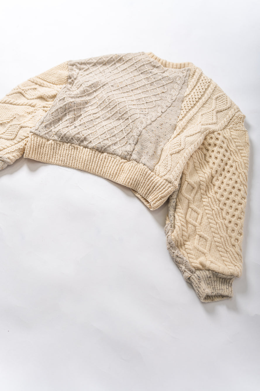 【REMAKEBYK×StyleReborn】Remake Cropped Fisherman Knit Sweater Ecru×Gray Pocket