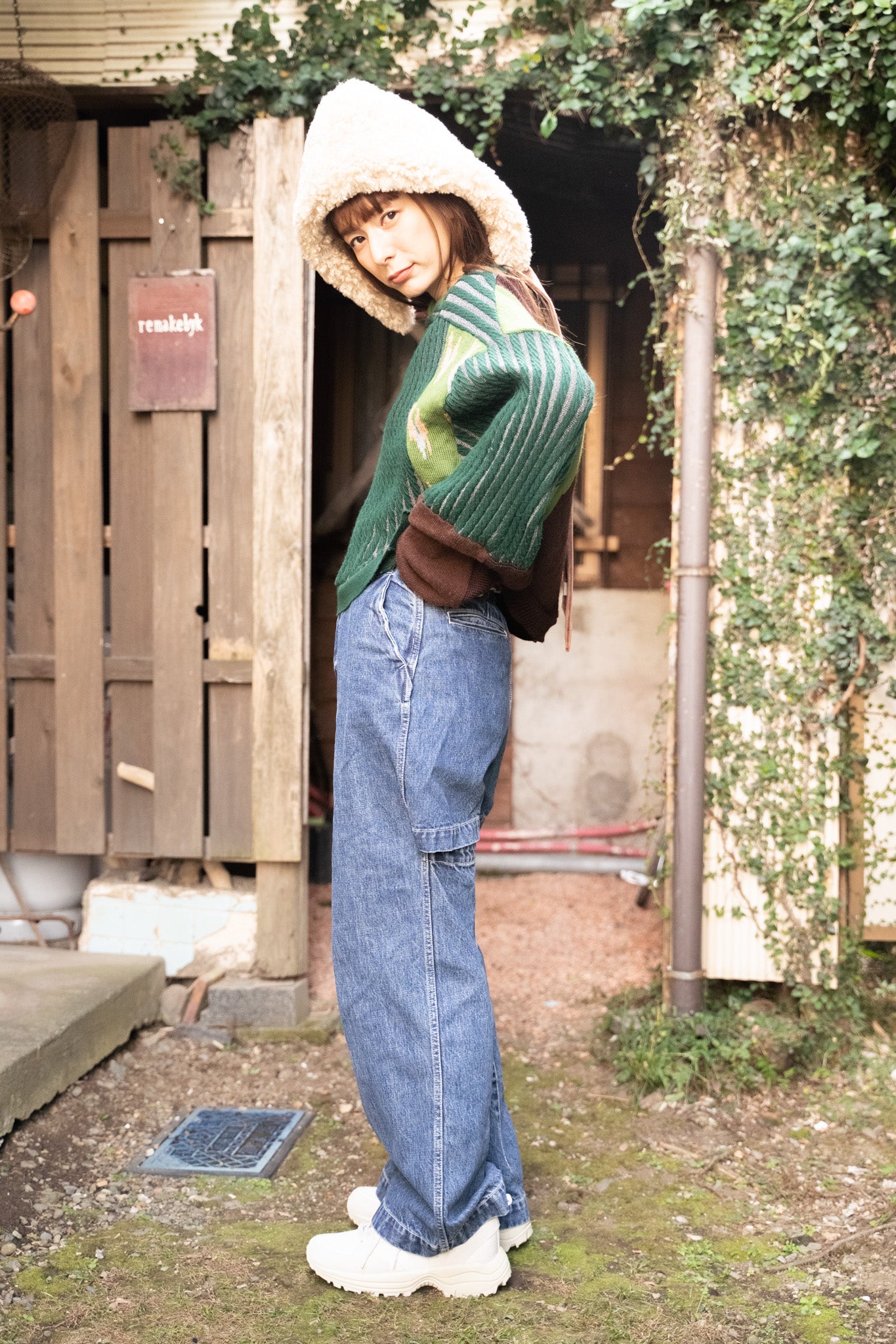 【REMAKEBYK×StyleReborn】Remake Cropped Knit Sweater Green×Brown