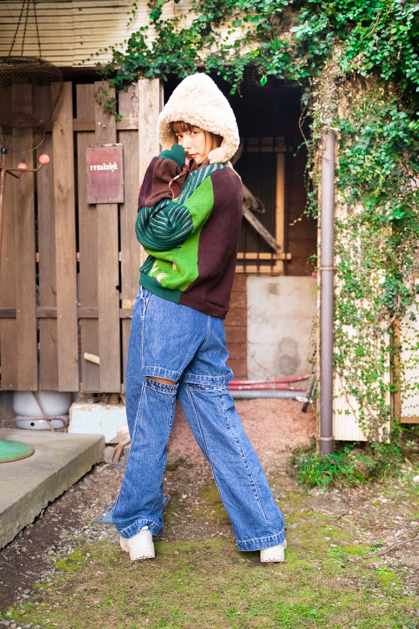 【REMAKEBYK×StyleReborn】Remake Cropped Knit Sweater Green×Brown