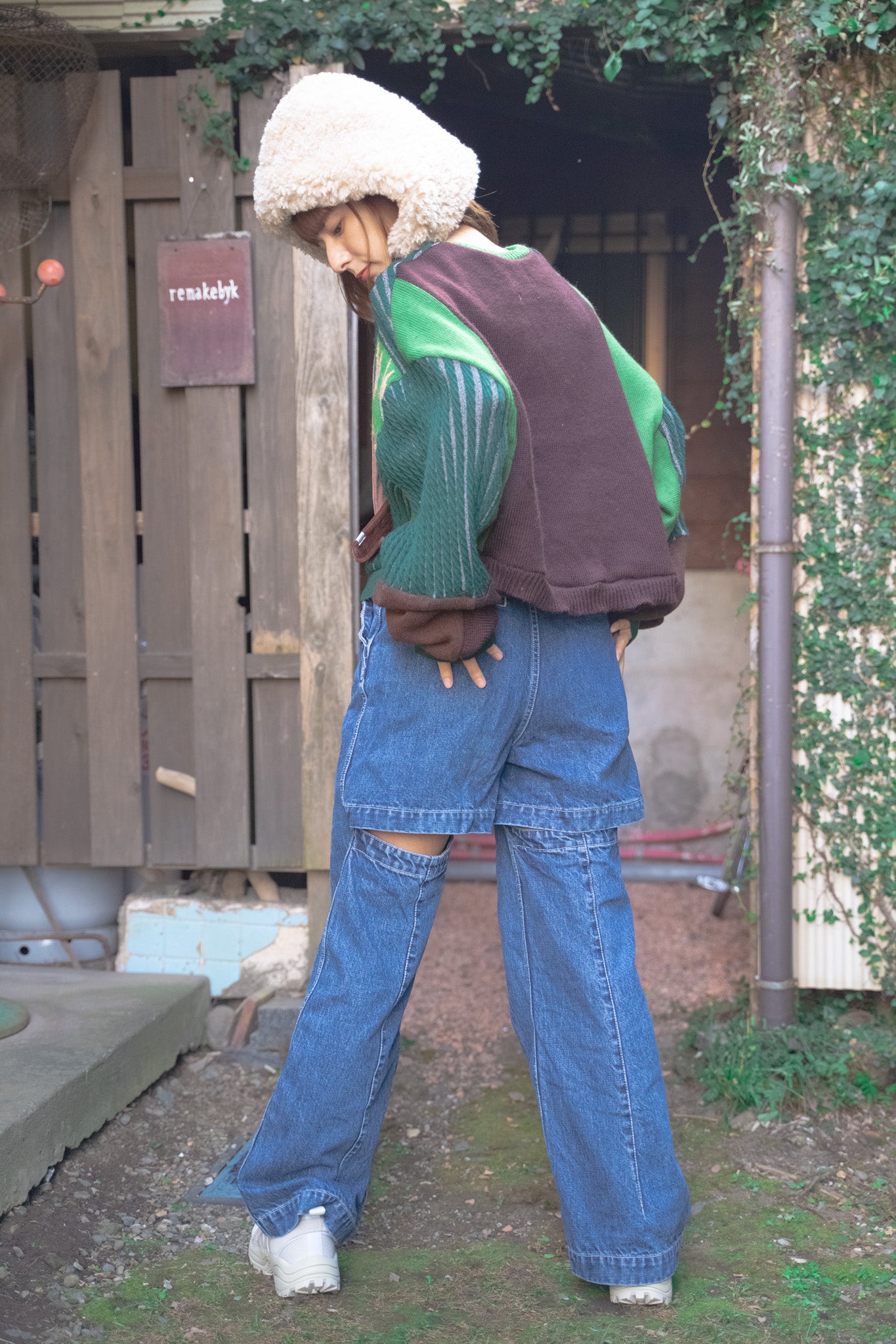 【REMAKEBYK×StyleReborn】Remake Cropped Knit Sweater Green×Brown