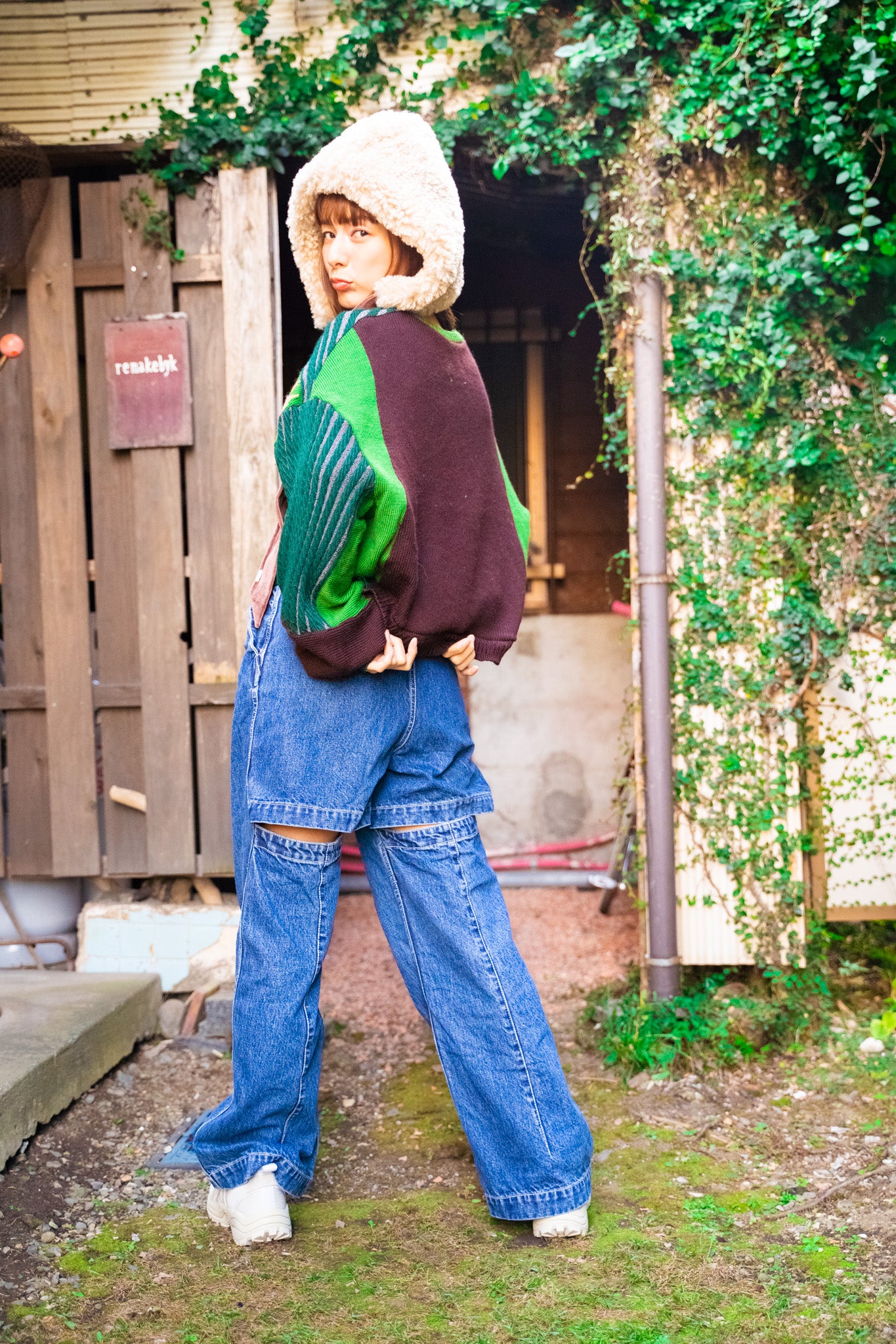 【REMAKEBYK×StyleReborn】Remake Cropped Knit Sweater Green×Brown